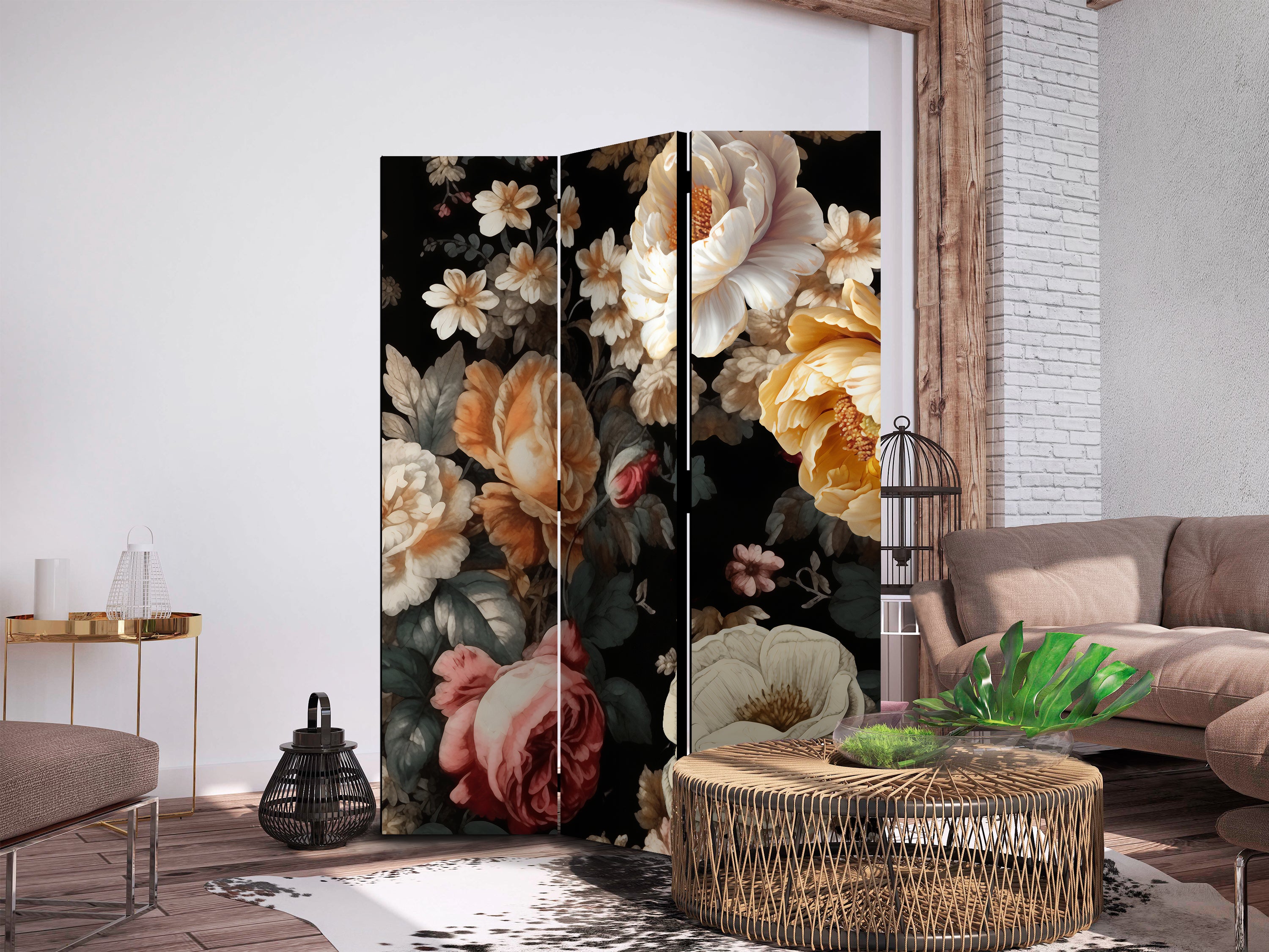 Room Divider Floristry Vintage Style with Colorful Flowers on Black Background