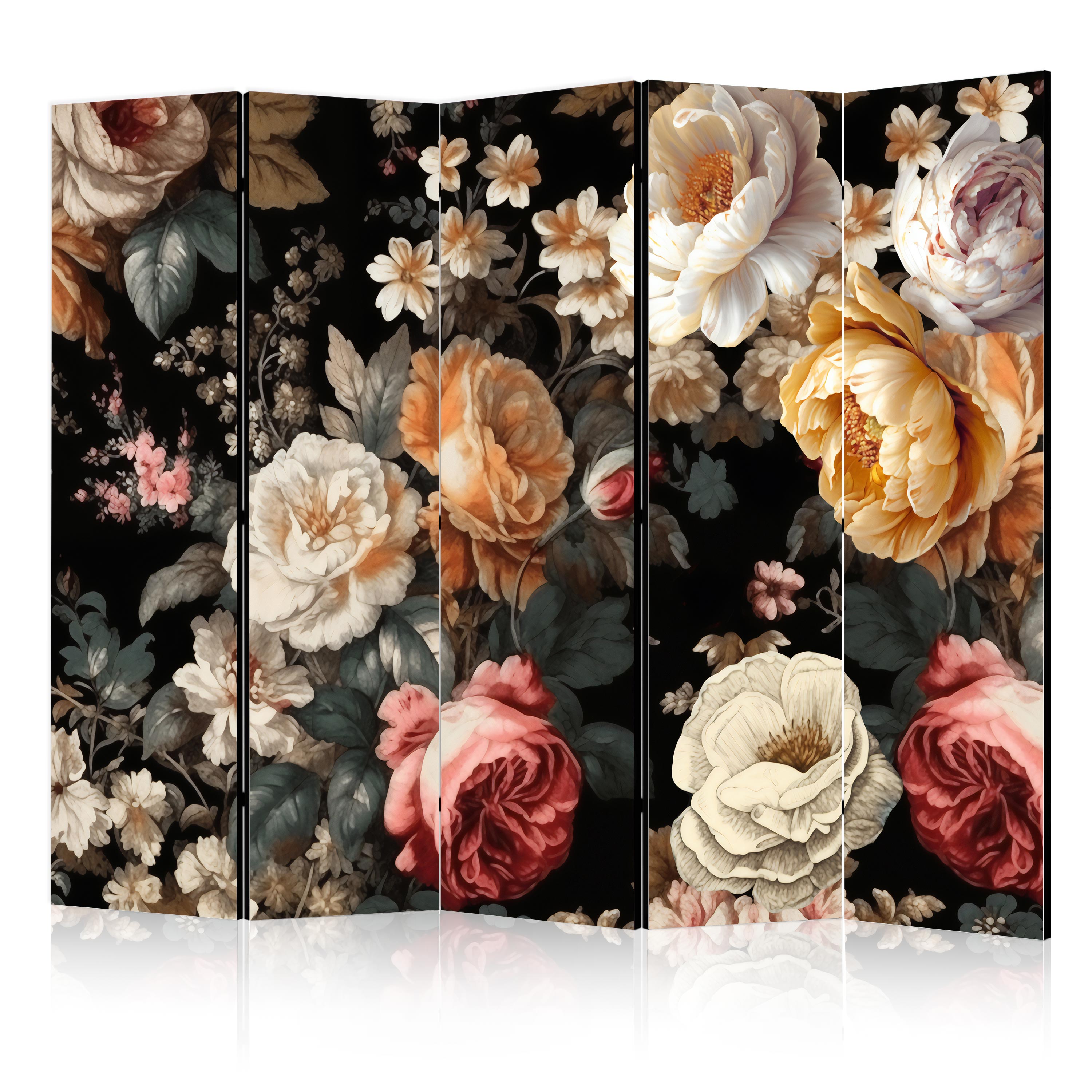 Room Divider Floristry Vintage Style - a Plethora of Colorful Flowers on a Black Background