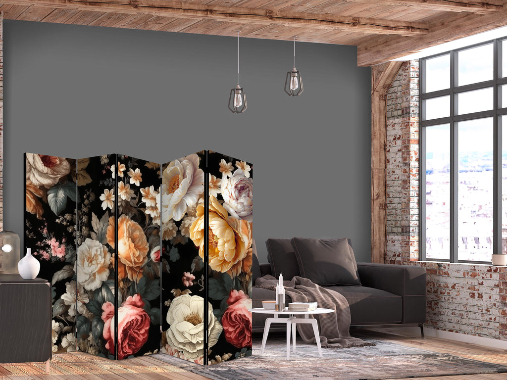 Room Divider Floristry Vintage Style - a Plethora of Colorful Flowers on a Black Background