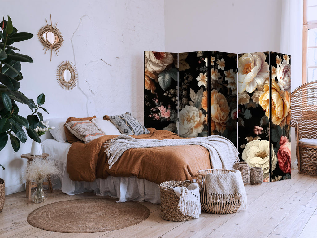 Room Divider Floristry Vintage Style - a Plethora of Colorful Flowers on a Black Background