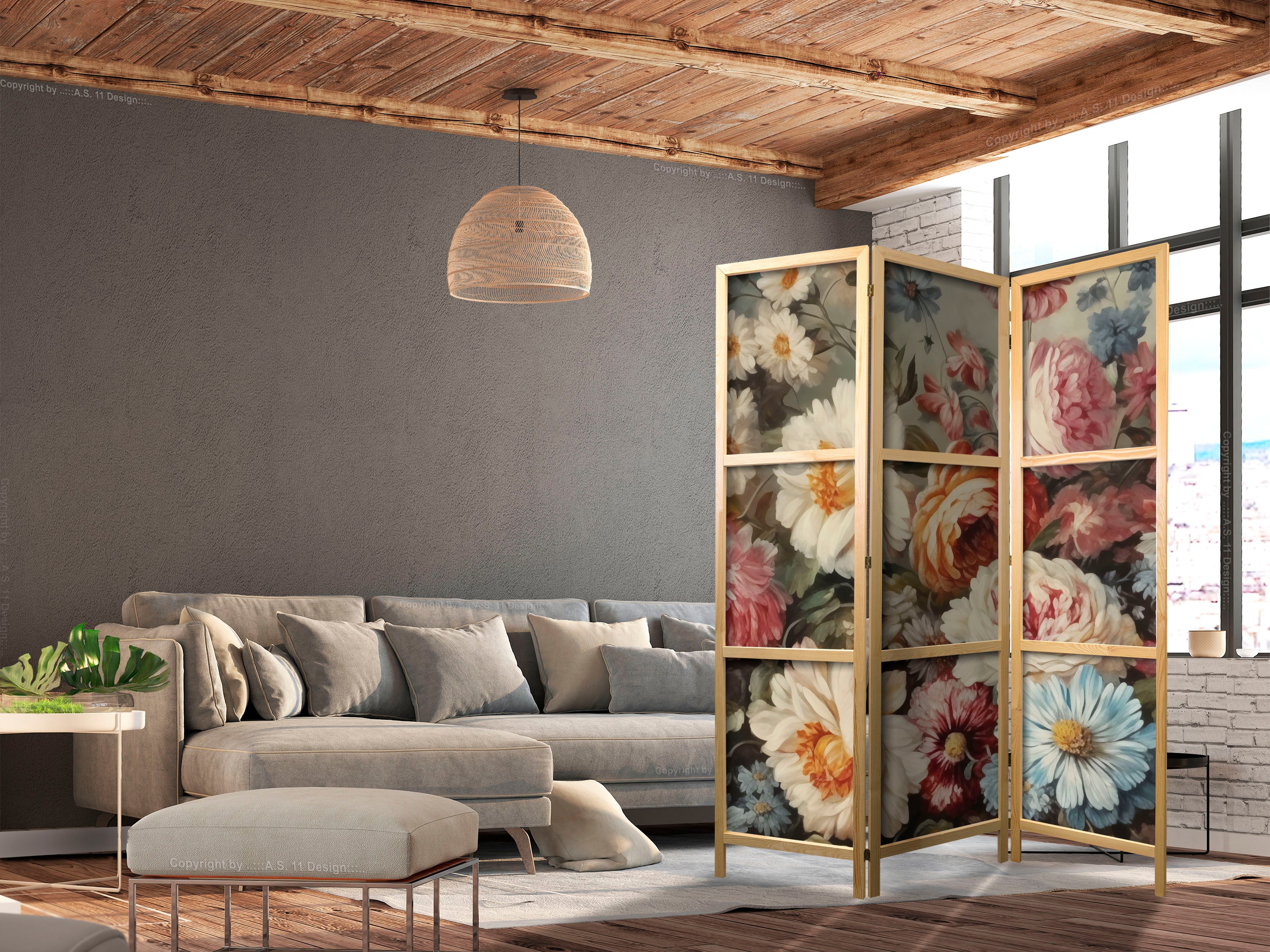 Japanese Room Divider with Floral Pastels