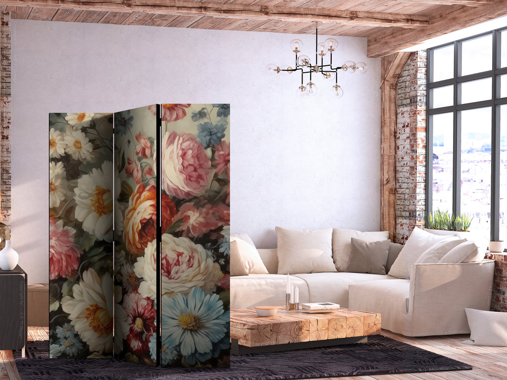 3-Panel Room Divider with Floral Pastels