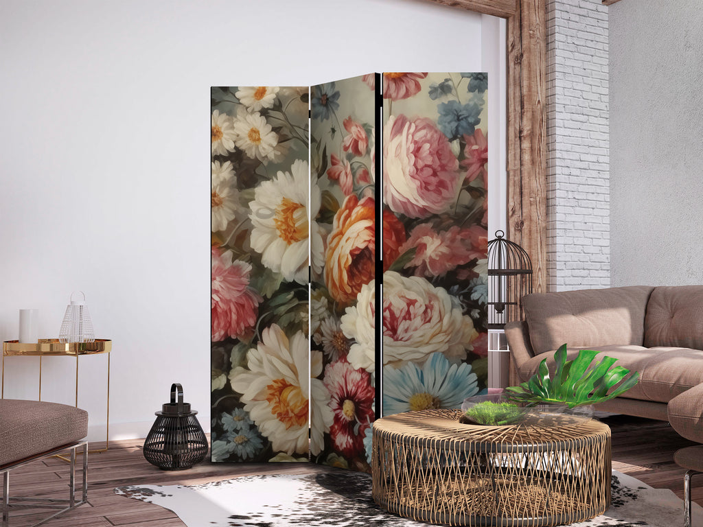 3-Panel Room Divider with Floral Pastels