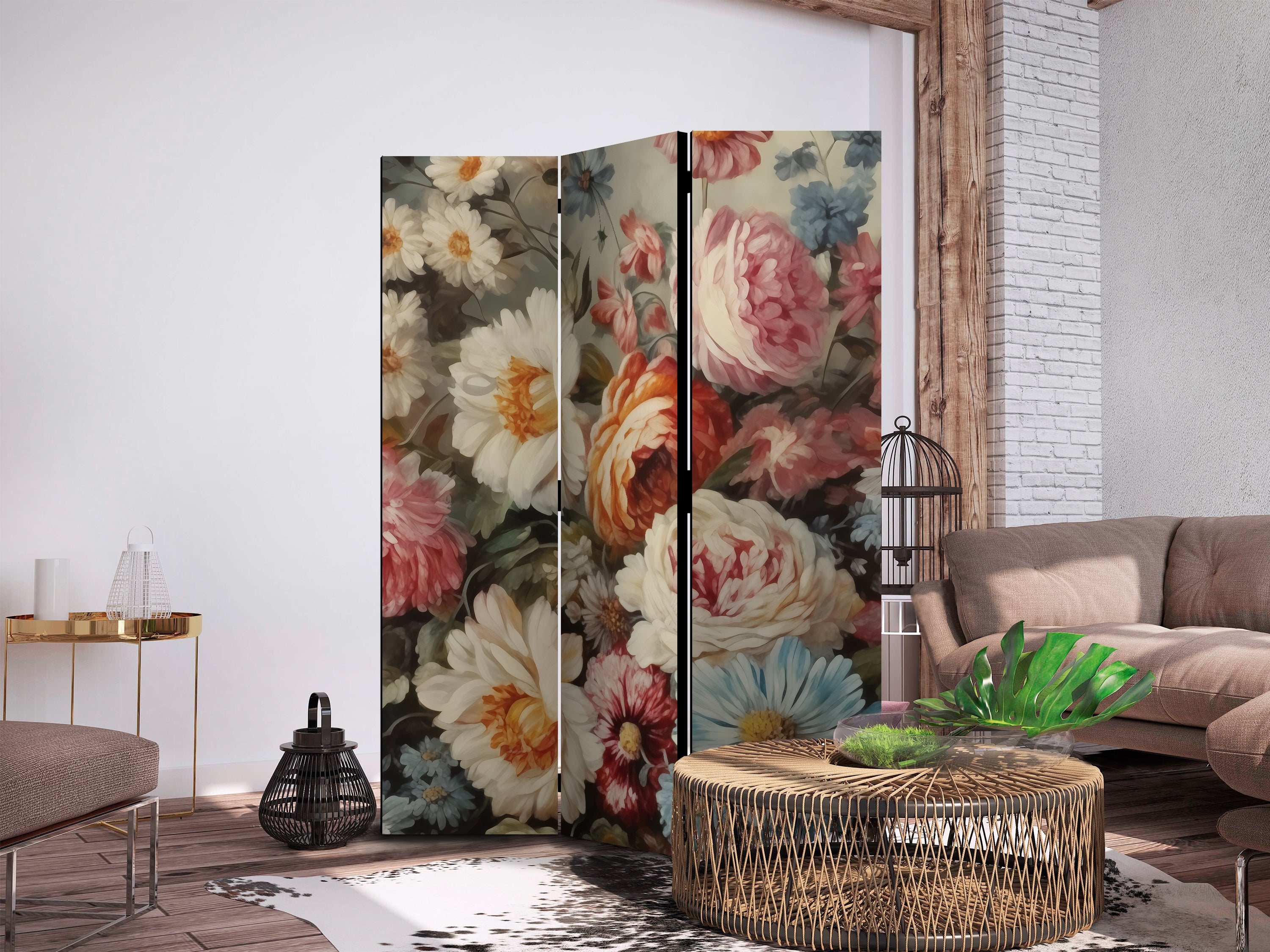 3-Panel Room Divider with Floral Pastels