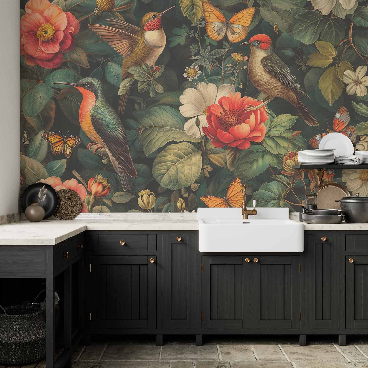 Vintage Floral Birds and Butterflies Wall Mural