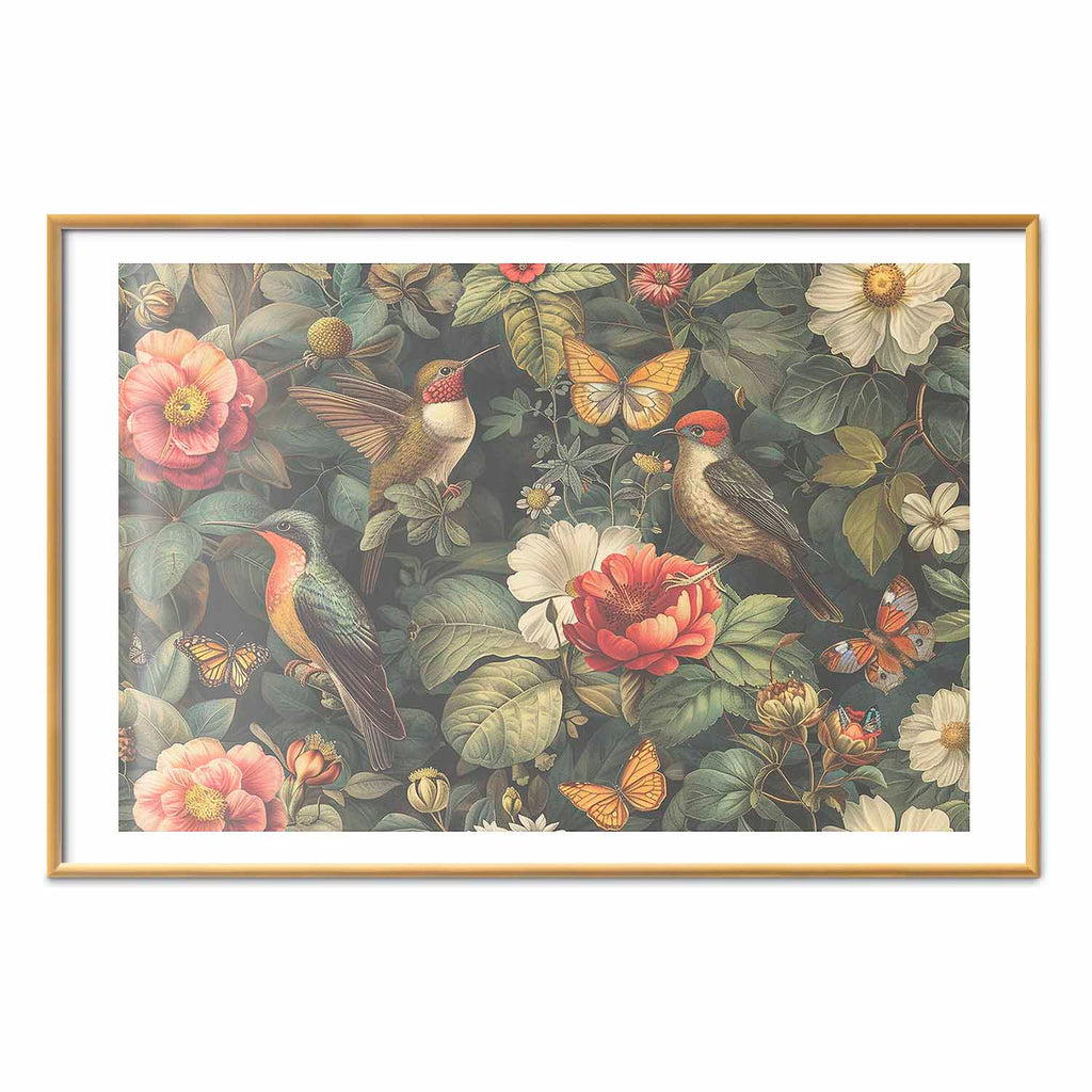Vintage Flowers Birds and Butterflies Poster