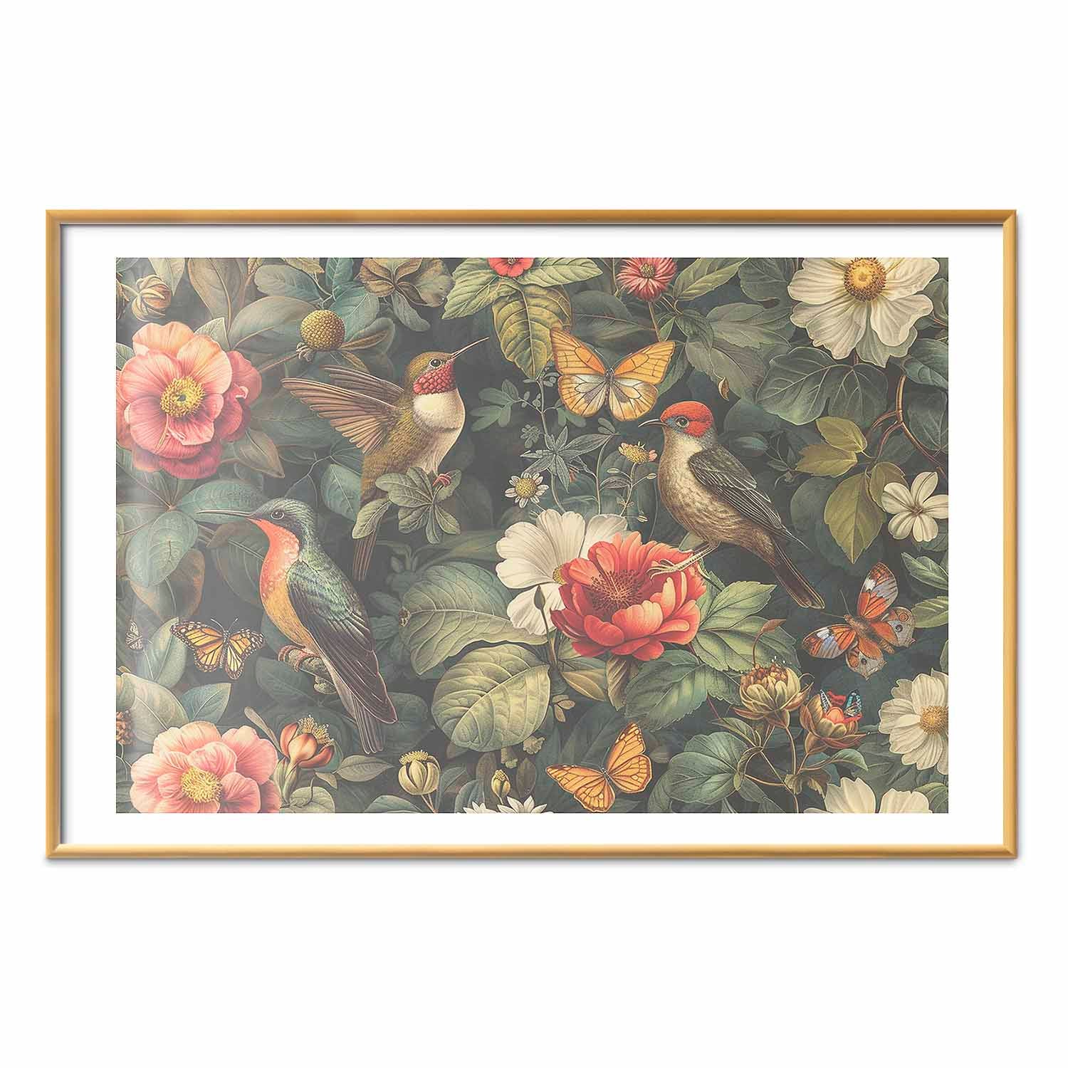 Vintage Flowers Birds and Butterflies Poster