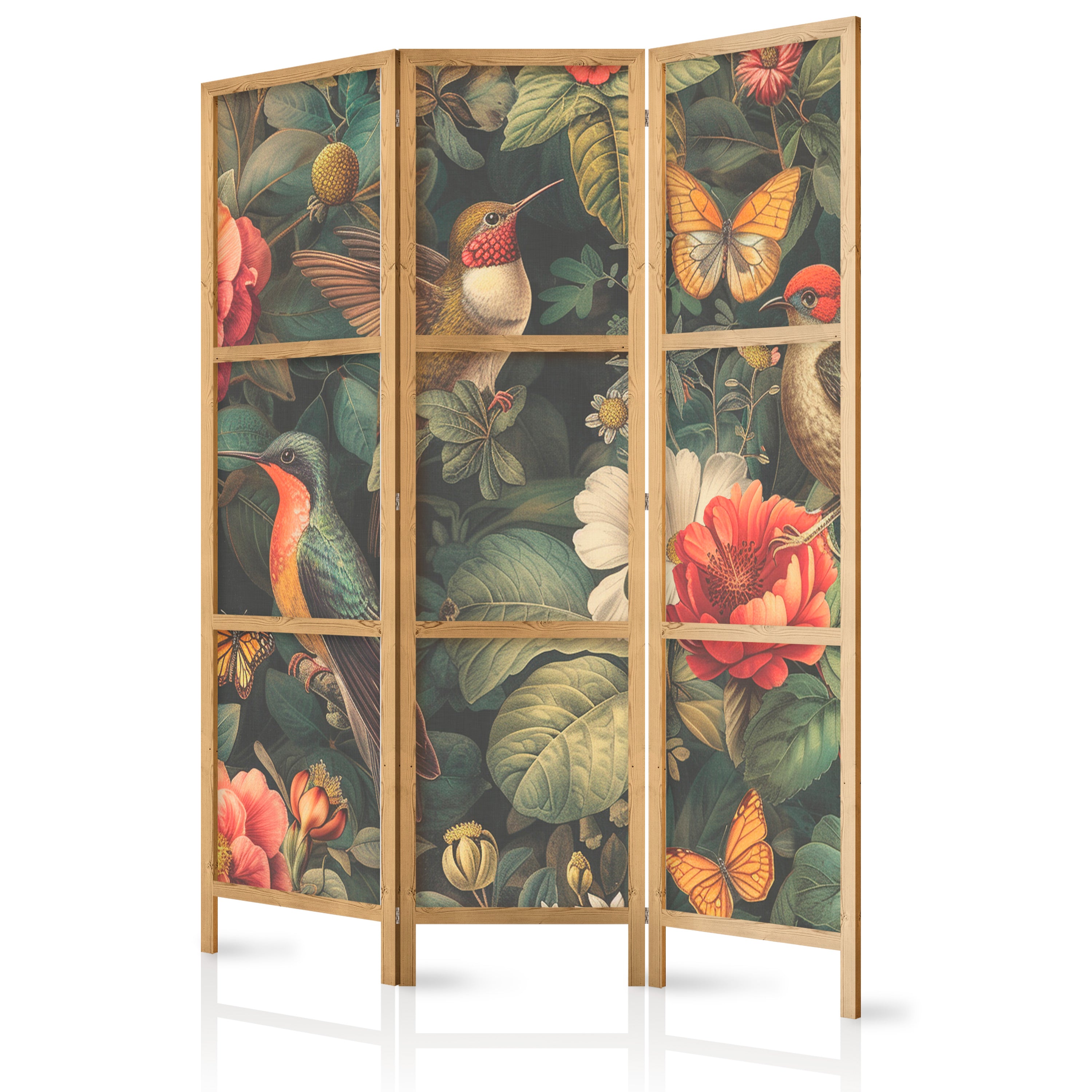 Japanese Room Divider - In the Botanical Garden - Flowers Birds and Butterflies - Colorful Illustration