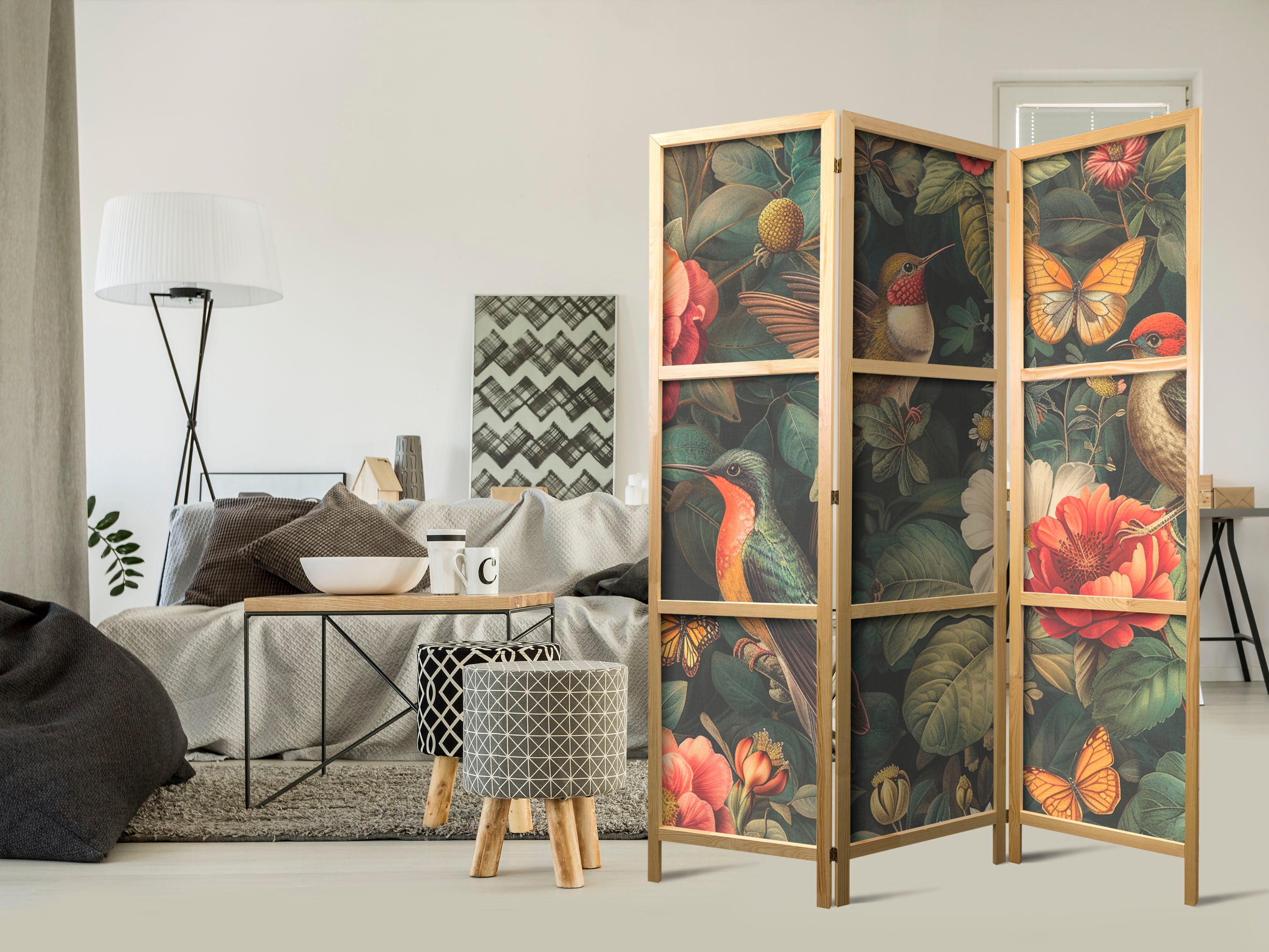 Japanese Room Divider - In the Botanical Garden - Flowers Birds and Butterflies - Colorful Illustration