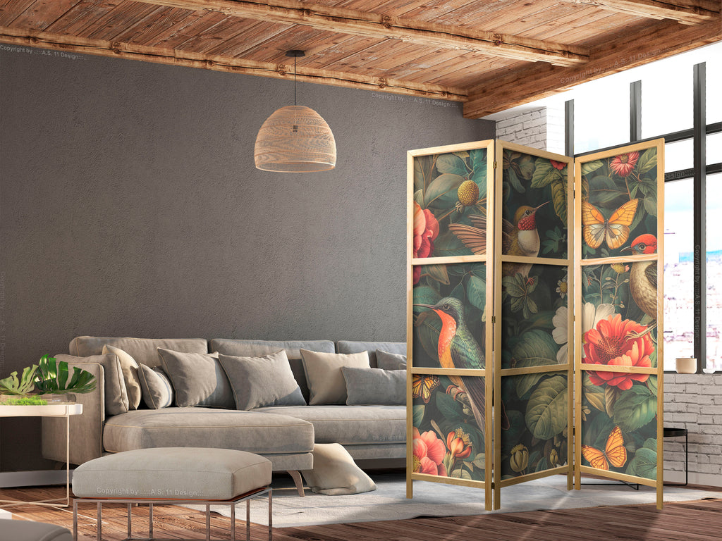Japanese Room Divider - In the Botanical Garden - Flowers Birds and Butterflies - Colorful Illustration