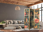 Japanese Room Divider - In the Botanical Garden - Flowers Birds and Butterflies - Colorful Illustration