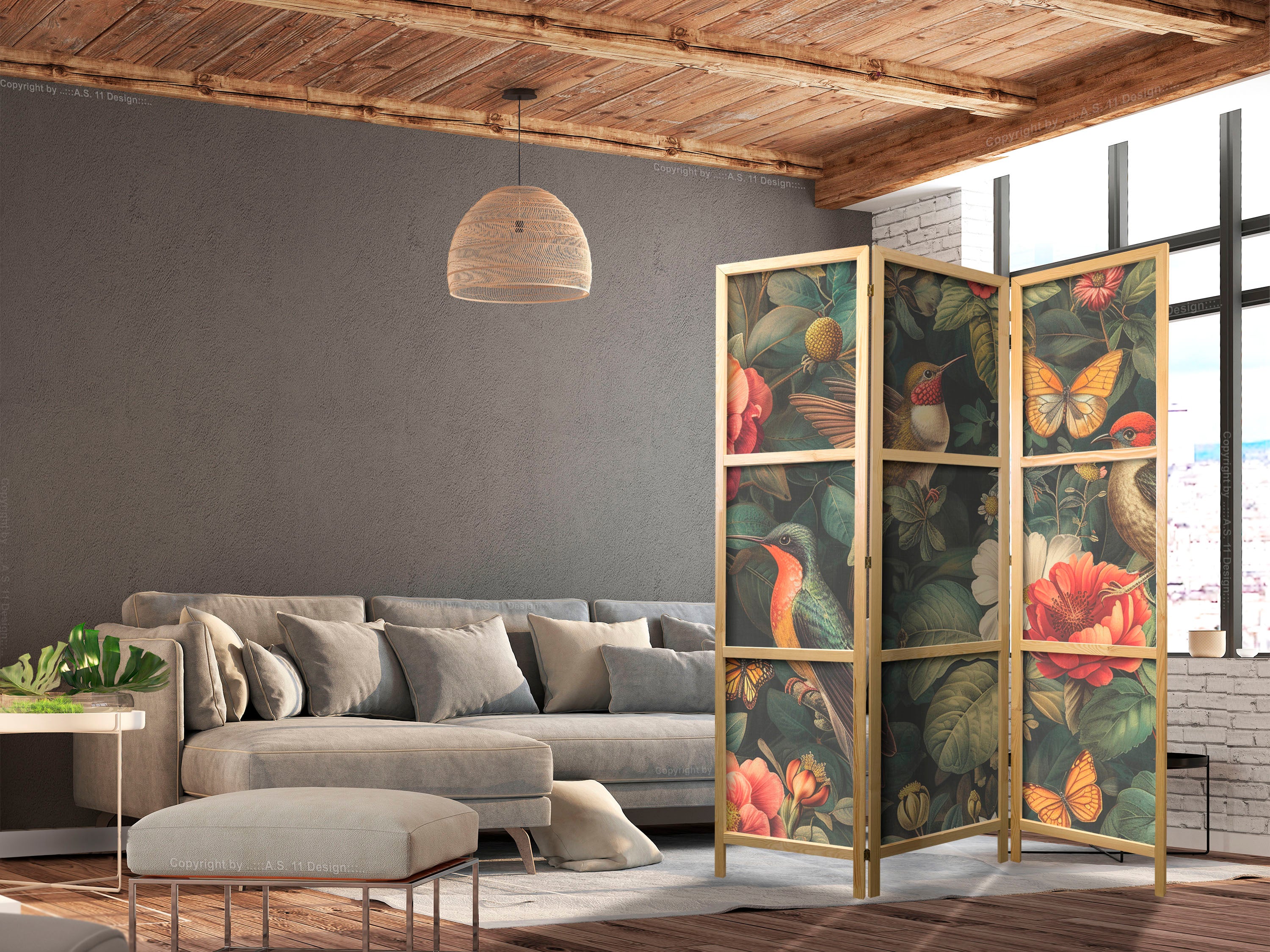 Japanese Room Divider - In the Botanical Garden - Flowers Birds and Butterflies - Colorful Illustration