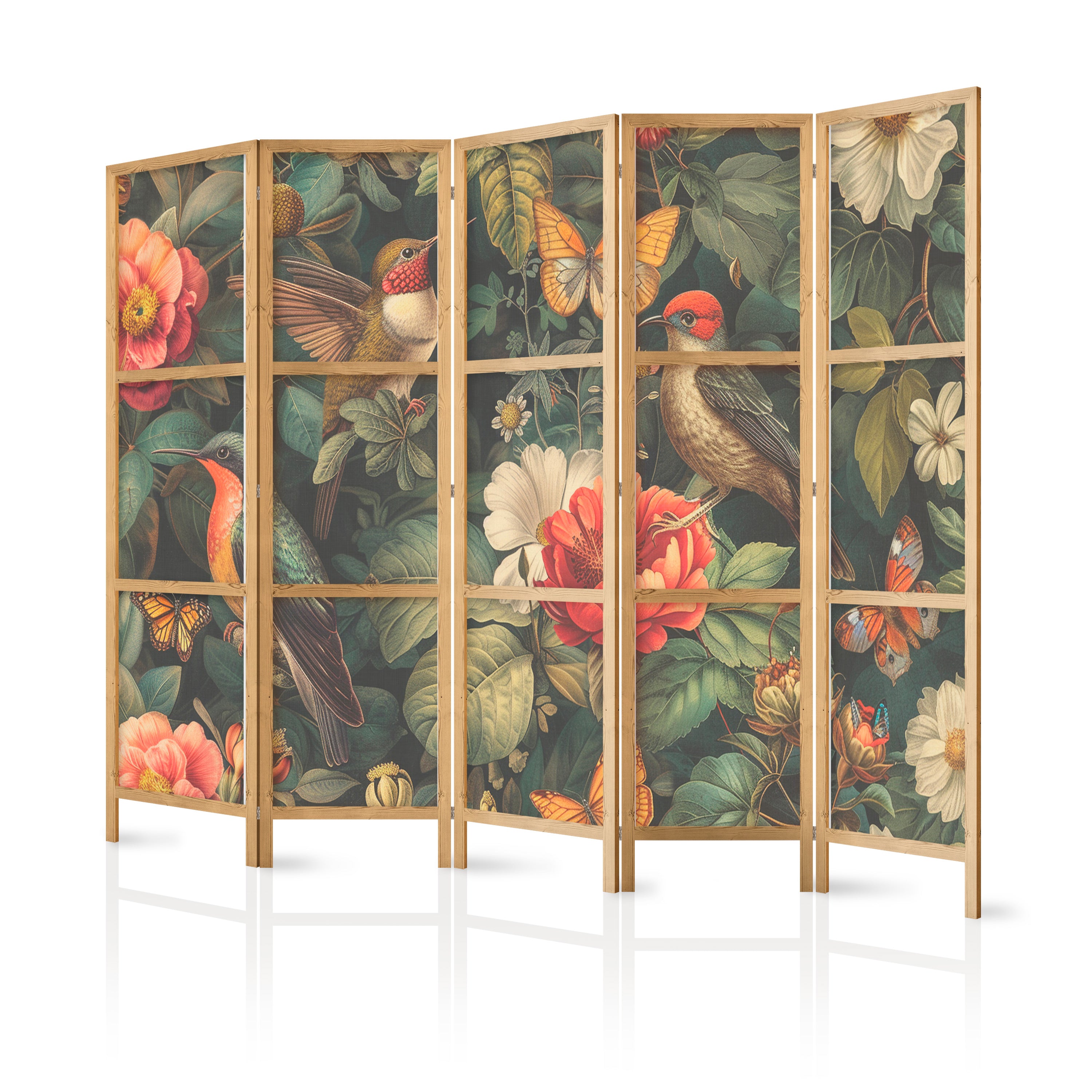 Japanese Room Divider - Botanical Garden Flowers Birds and Butterflies - Colorful Illustration