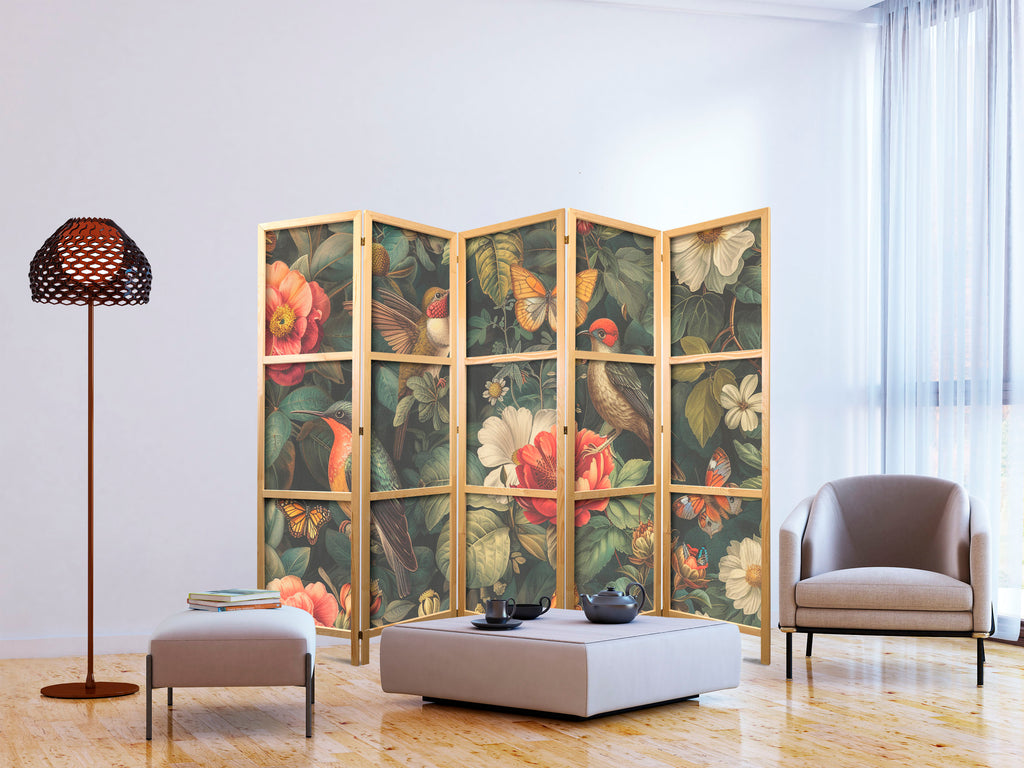 Japanese Room Divider - Botanical Garden Flowers Birds and Butterflies - Colorful Illustration