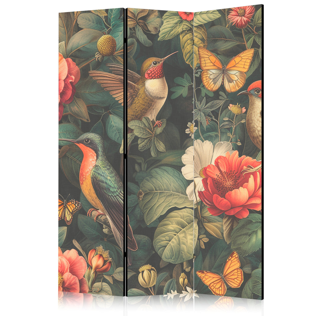 Room Divider 3-panel Botanical Garden with Flowers Birds Butterflies