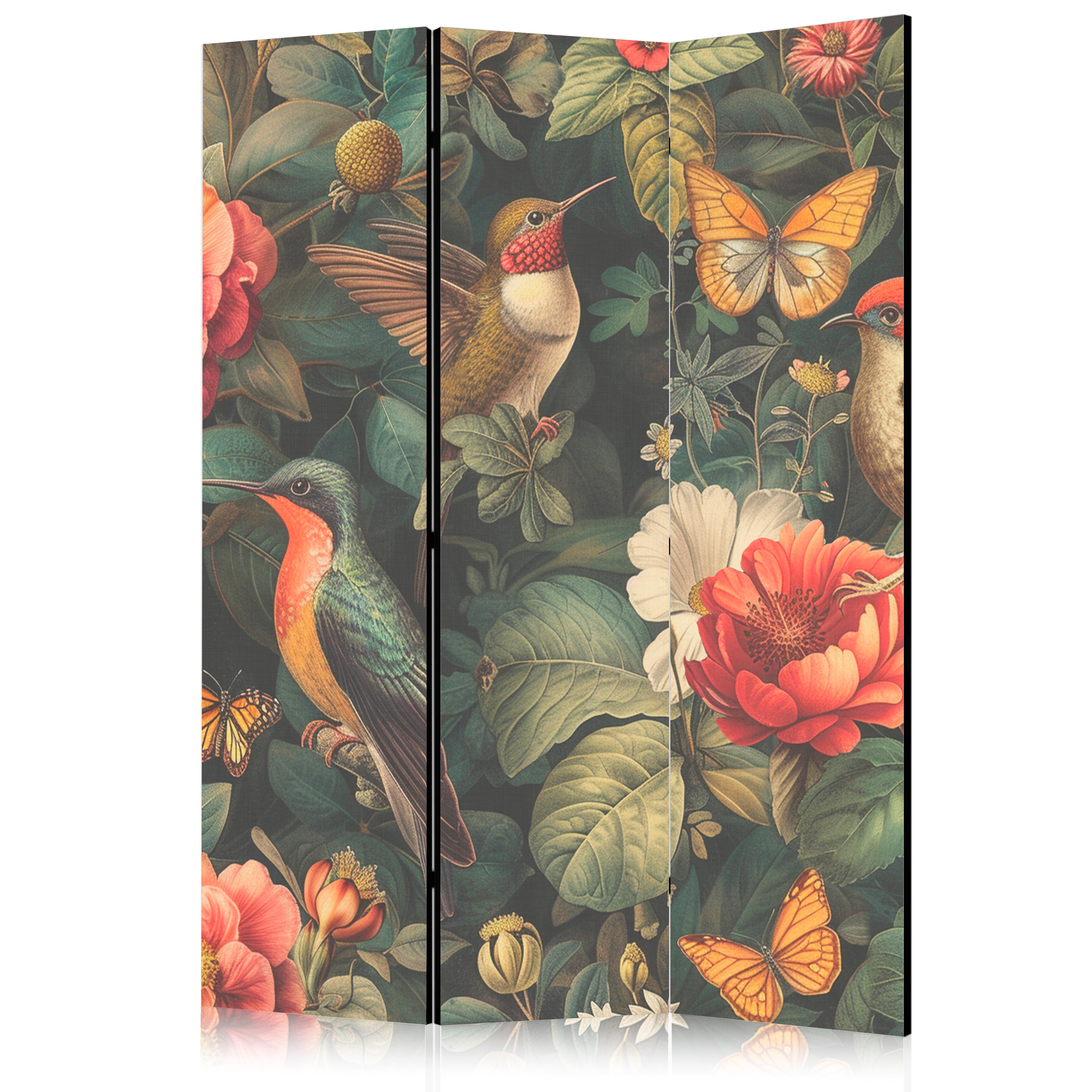 Room Divider 3-panel Botanical Garden with Flowers Birds Butterflies
