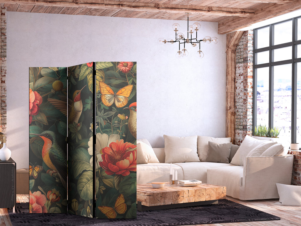Room Divider 3-panel Botanical Garden with Flowers Birds Butterflies