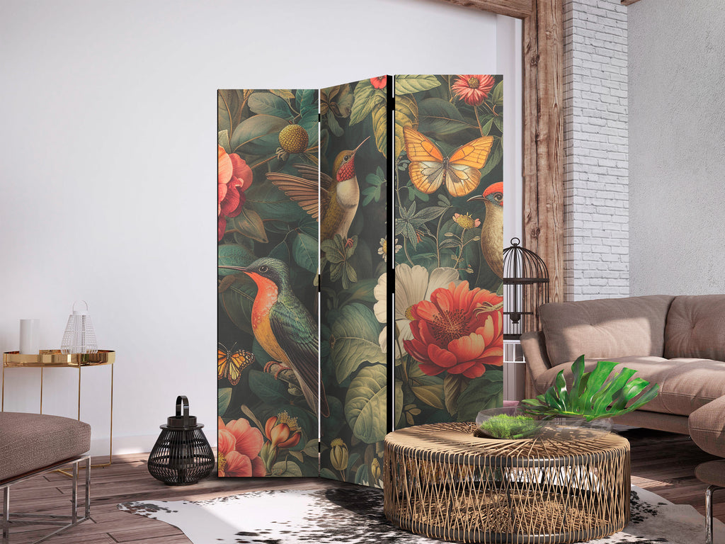Room Divider 3-panel Botanical Garden with Flowers Birds Butterflies