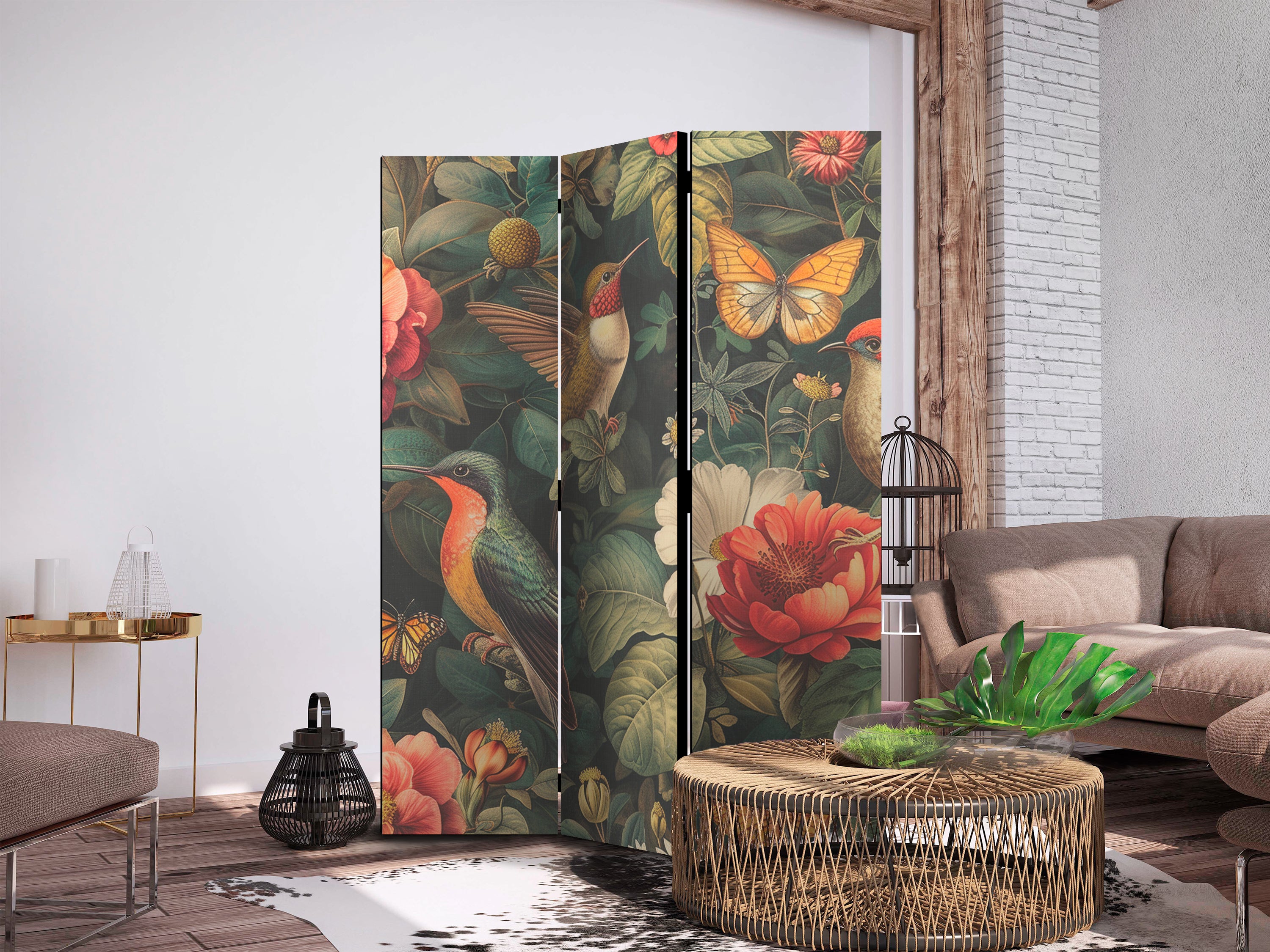 Room Divider 3-panel Botanical Garden with Flowers Birds Butterflies