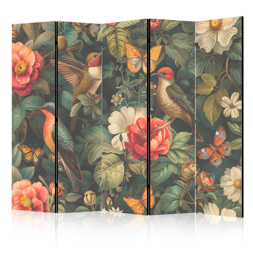 Room Divider - Botanical Garden Flowers Birds and Butterflies - Colorful Illustration