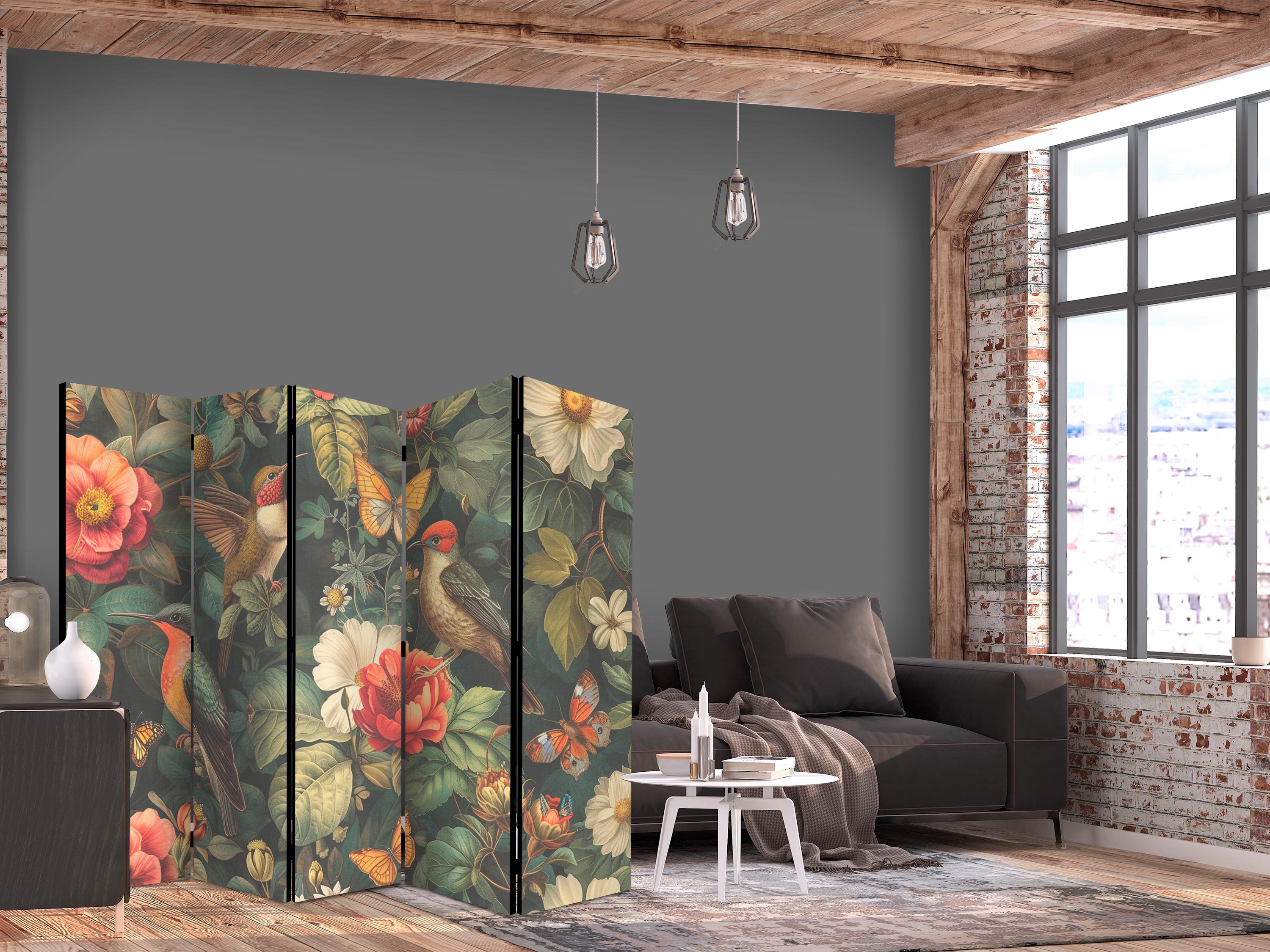 Room Divider - Botanical Garden Flowers Birds and Butterflies - Colorful Illustration