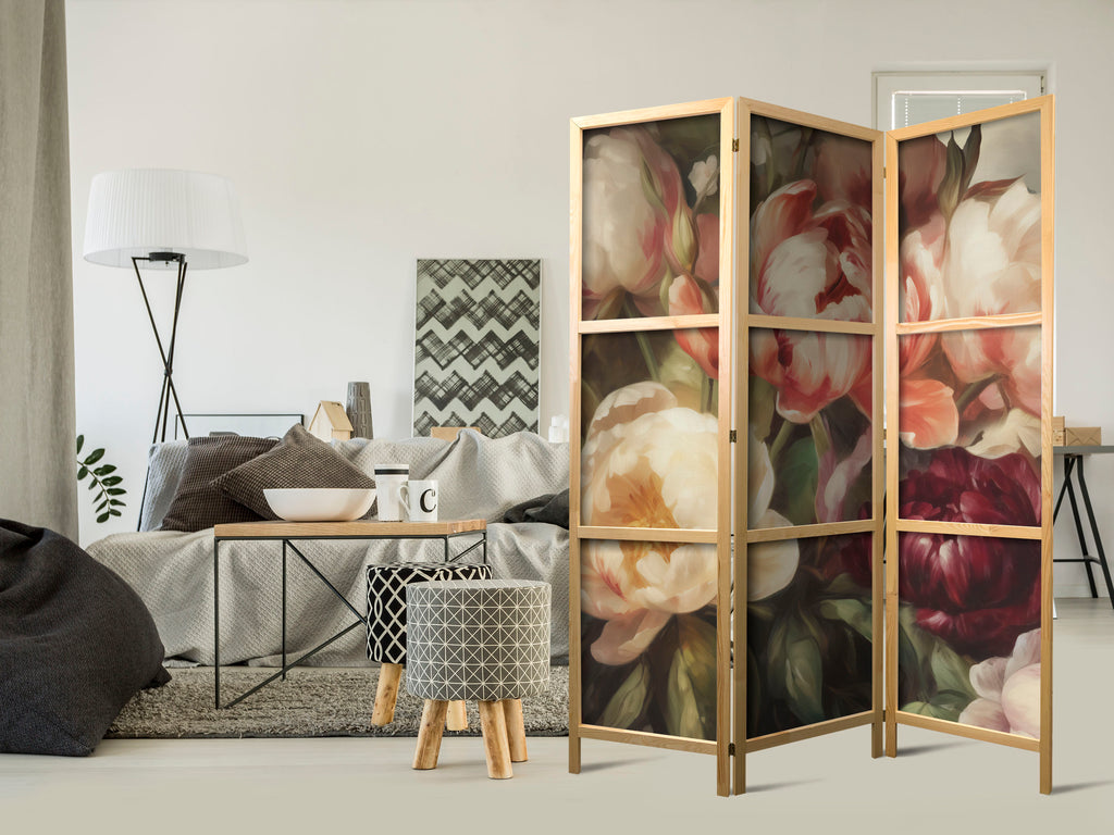 Japanese Room Divider with Blooming Peonies