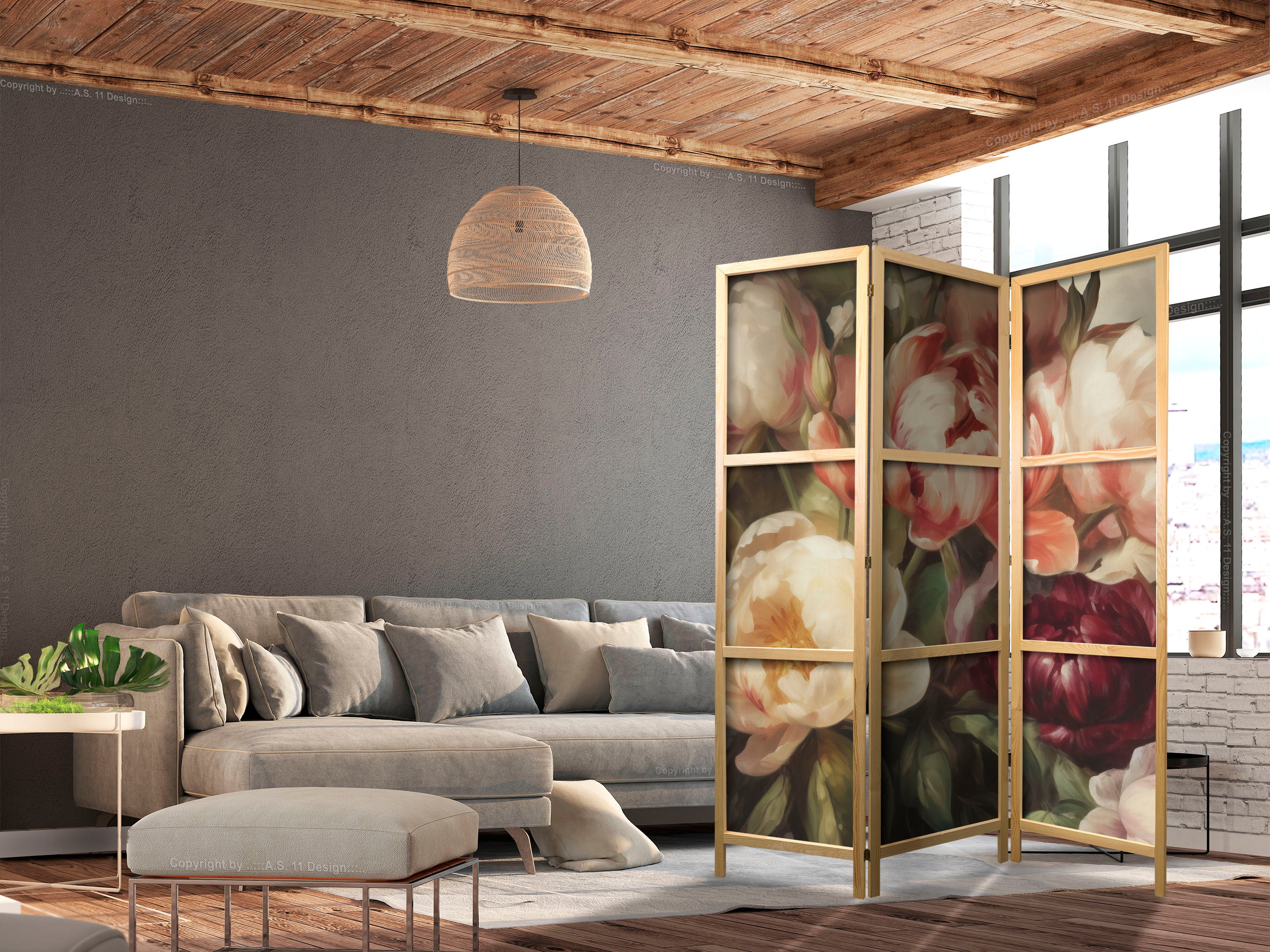 Japanese Room Divider with Blooming Peonies