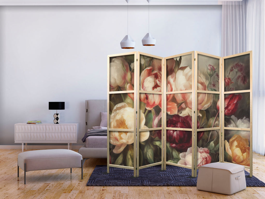 Japanese Room Divider - Blooming Peonies in Sunlight