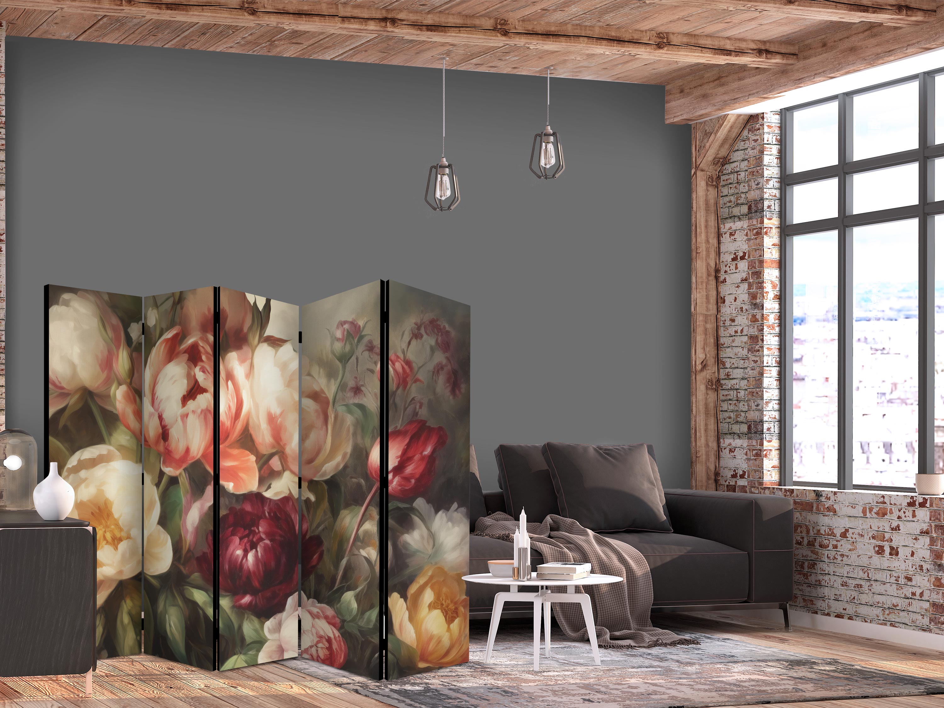 Room Divider Blooming Peonies Floral Screen