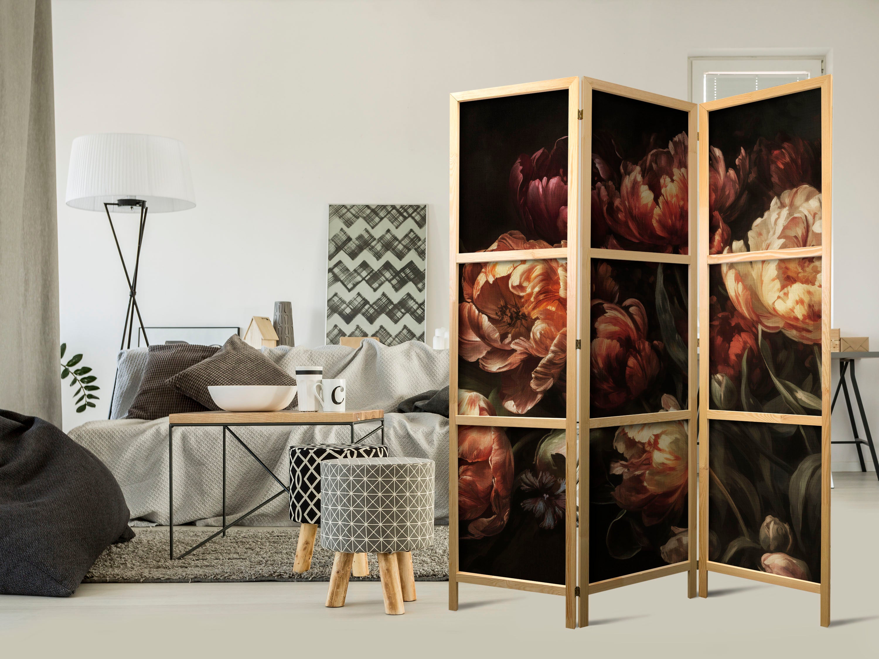 Japanese Room Divider - Magnificent Tulips - Bouquet of Flowers in Red and White on a Black Background