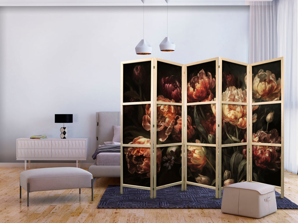 Japanese Room Divider with Tulips - Red & White Bouquet on Black