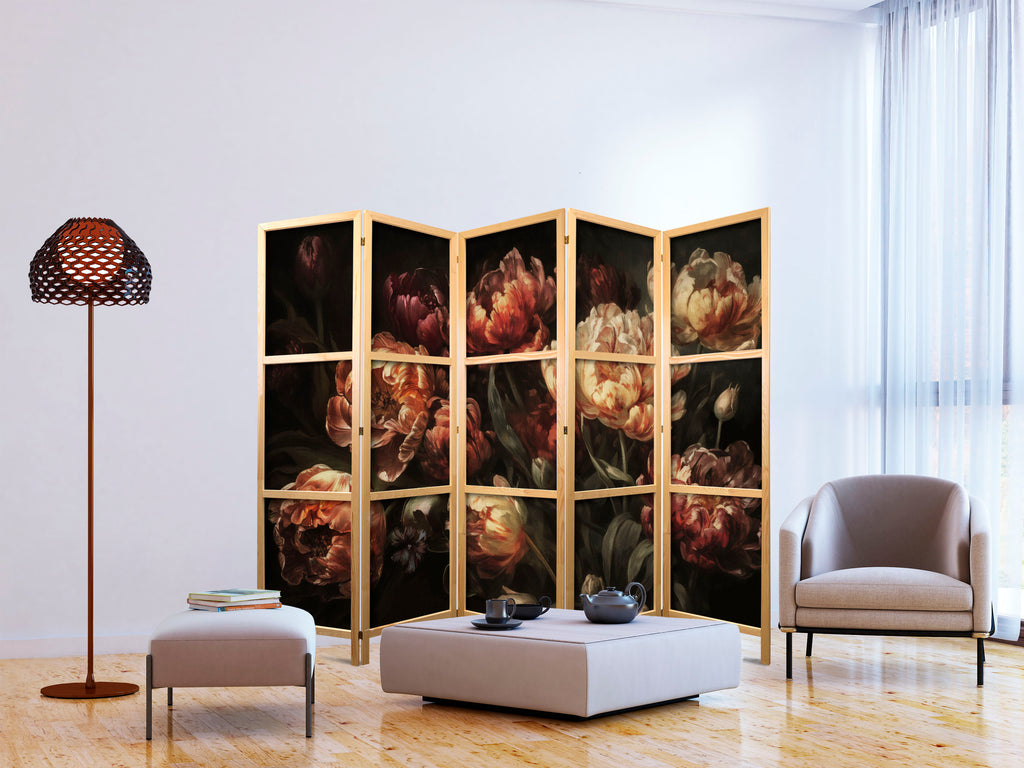 Japanese Room Divider with Tulips - Red & White Bouquet on Black