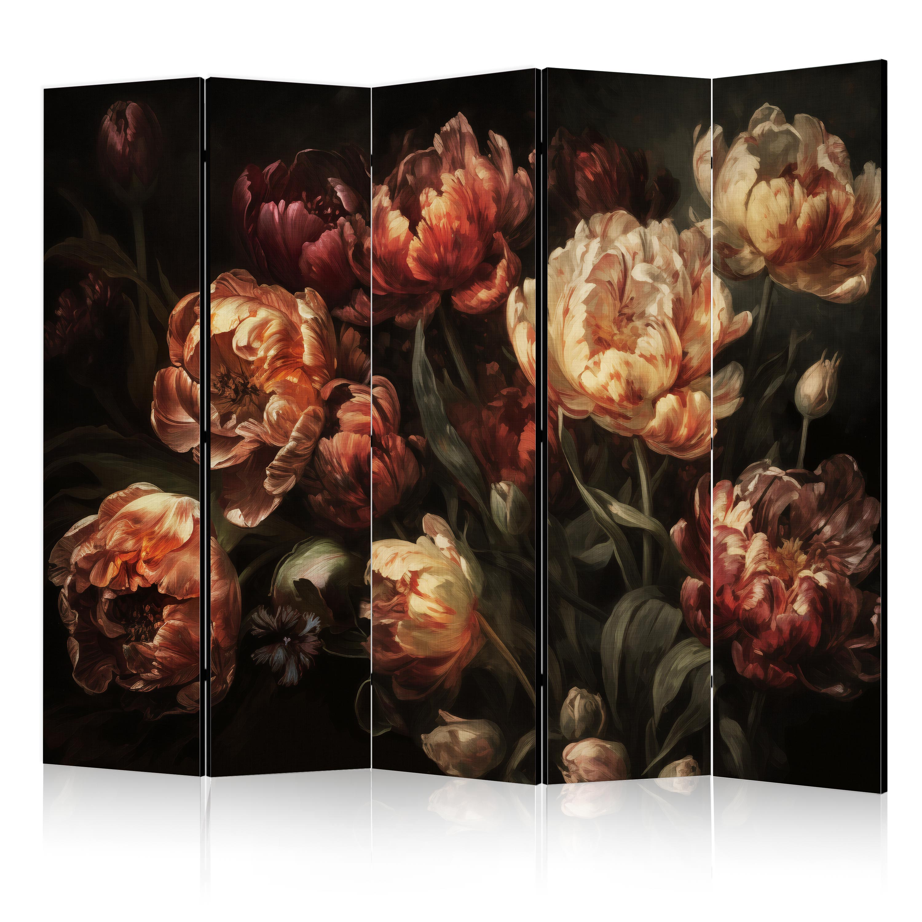 Room Divider Tulips - 5-Panel Floral Art on Black