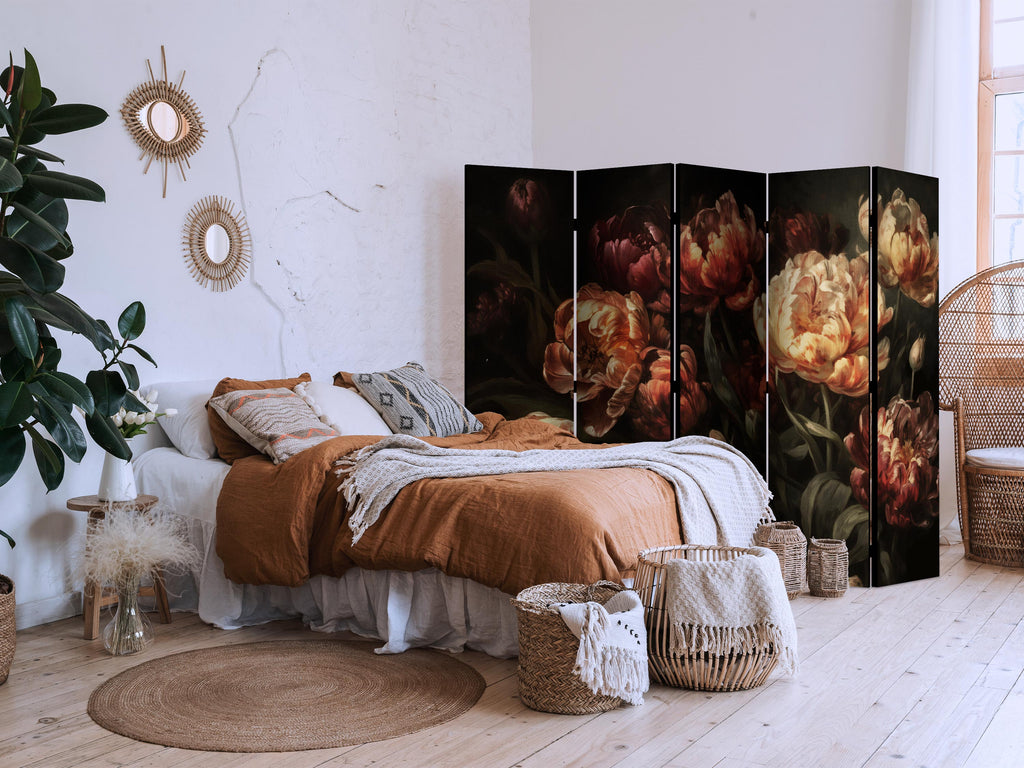 Room Divider Tulips - 5-Panel Floral Art on Black
