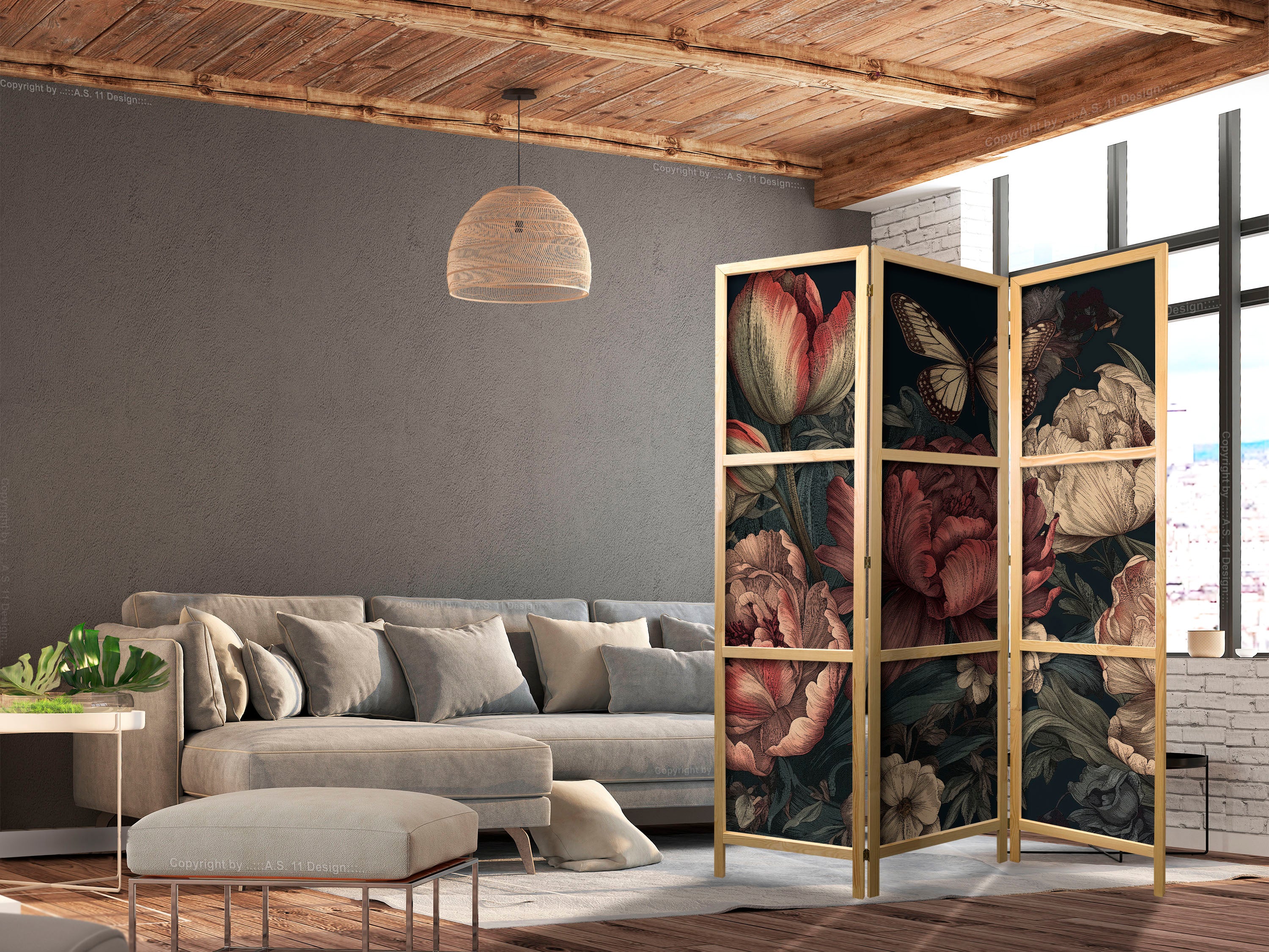 Floral Illustration Room Divider with Turquoise Backdrop