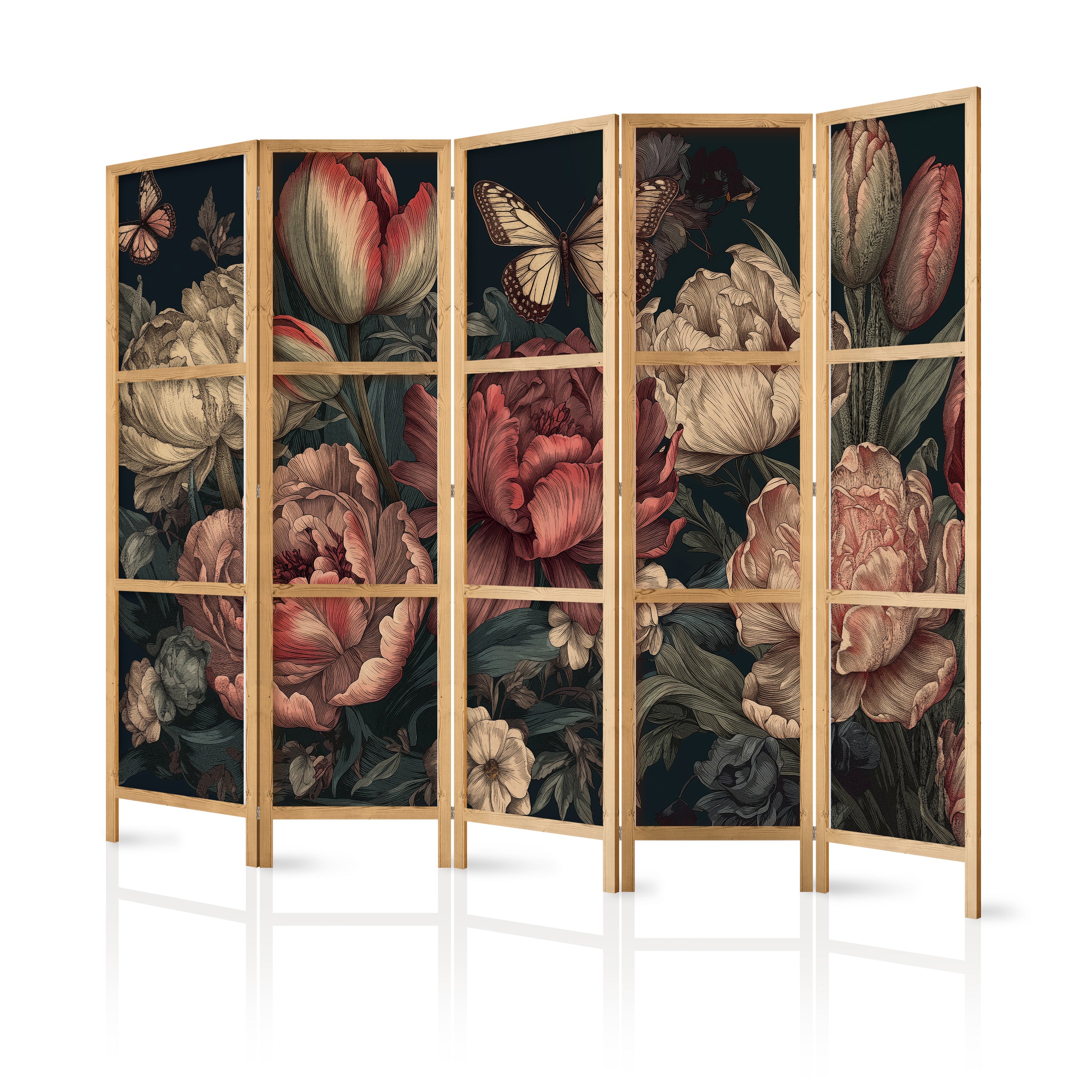 Japanese Room Divider - Floral Illustration Turquoise