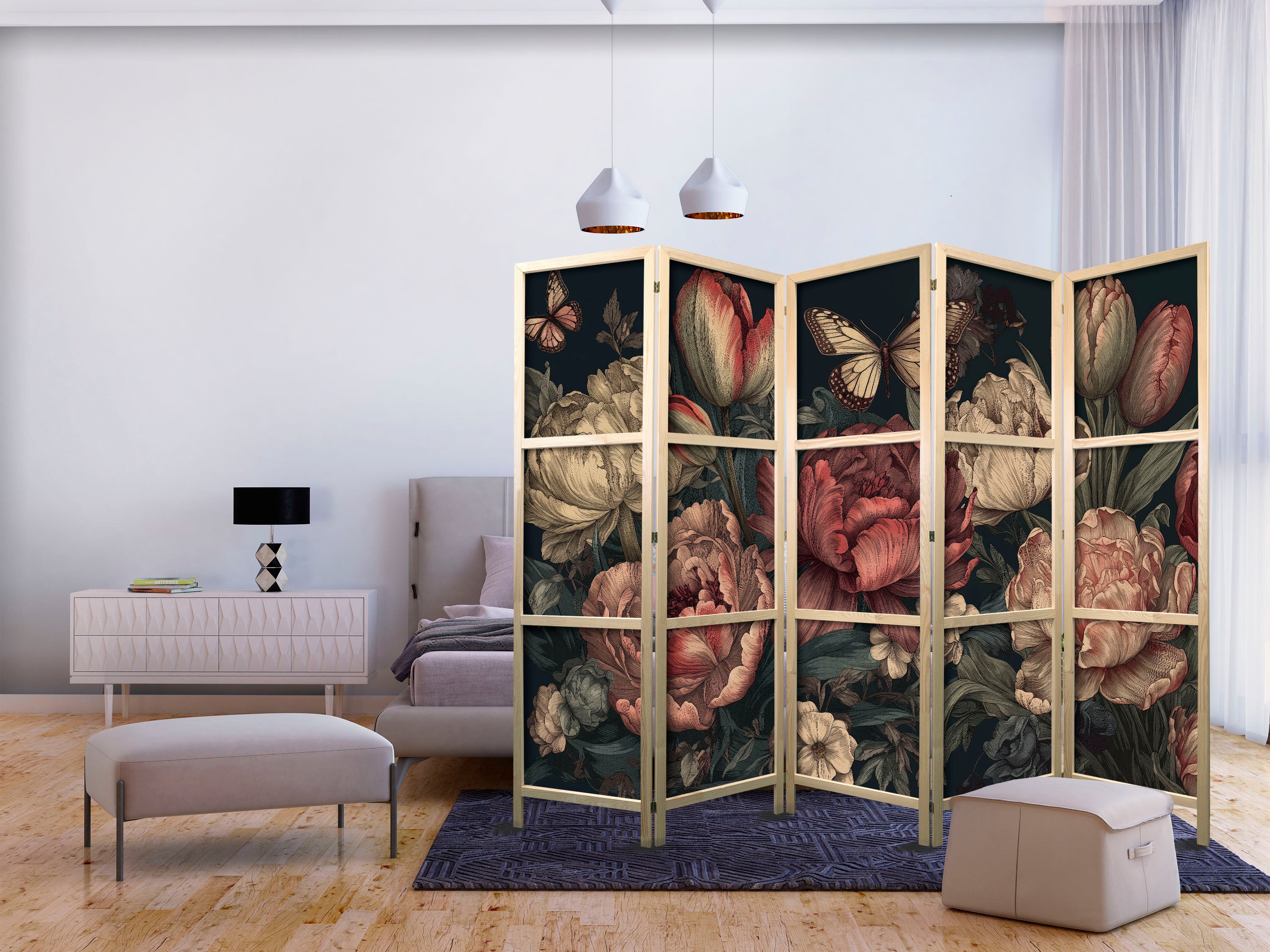 Japanese Room Divider - Floral Illustration Turquoise