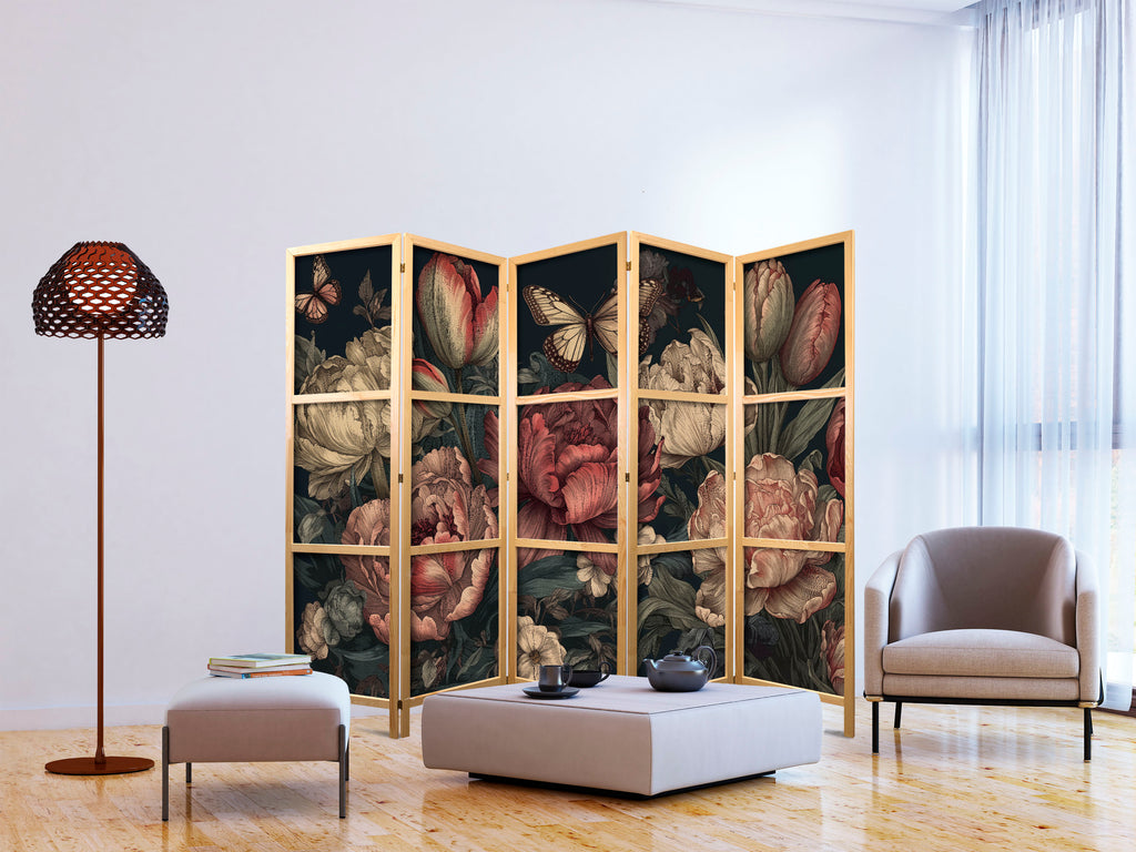 Japanese Room Divider - Floral Illustration Turquoise