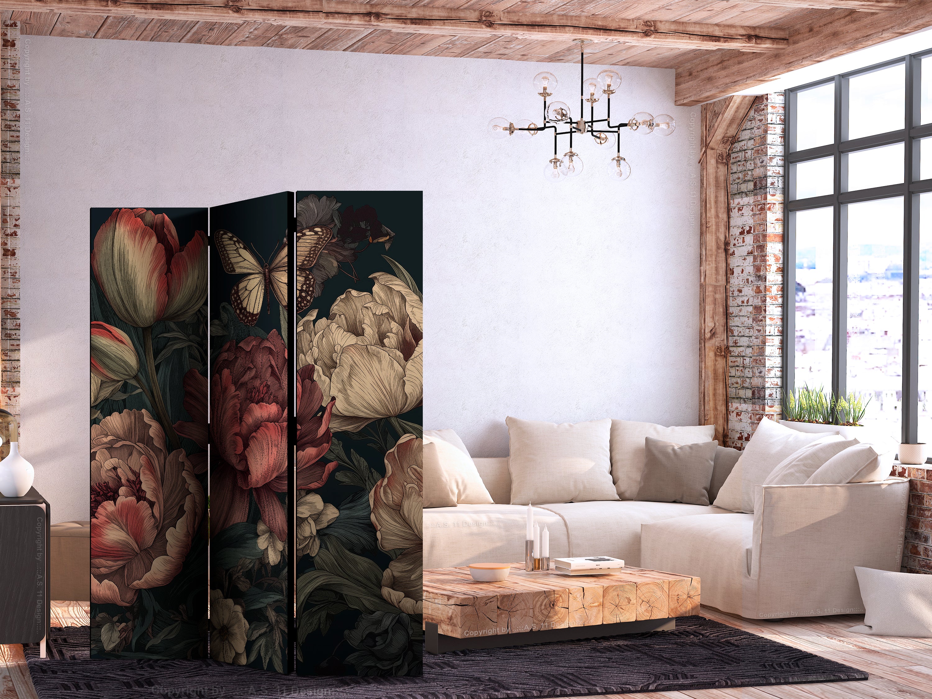 Room Divider - Floral Illustration - Magnificent Flower Buds on Turquoise Background