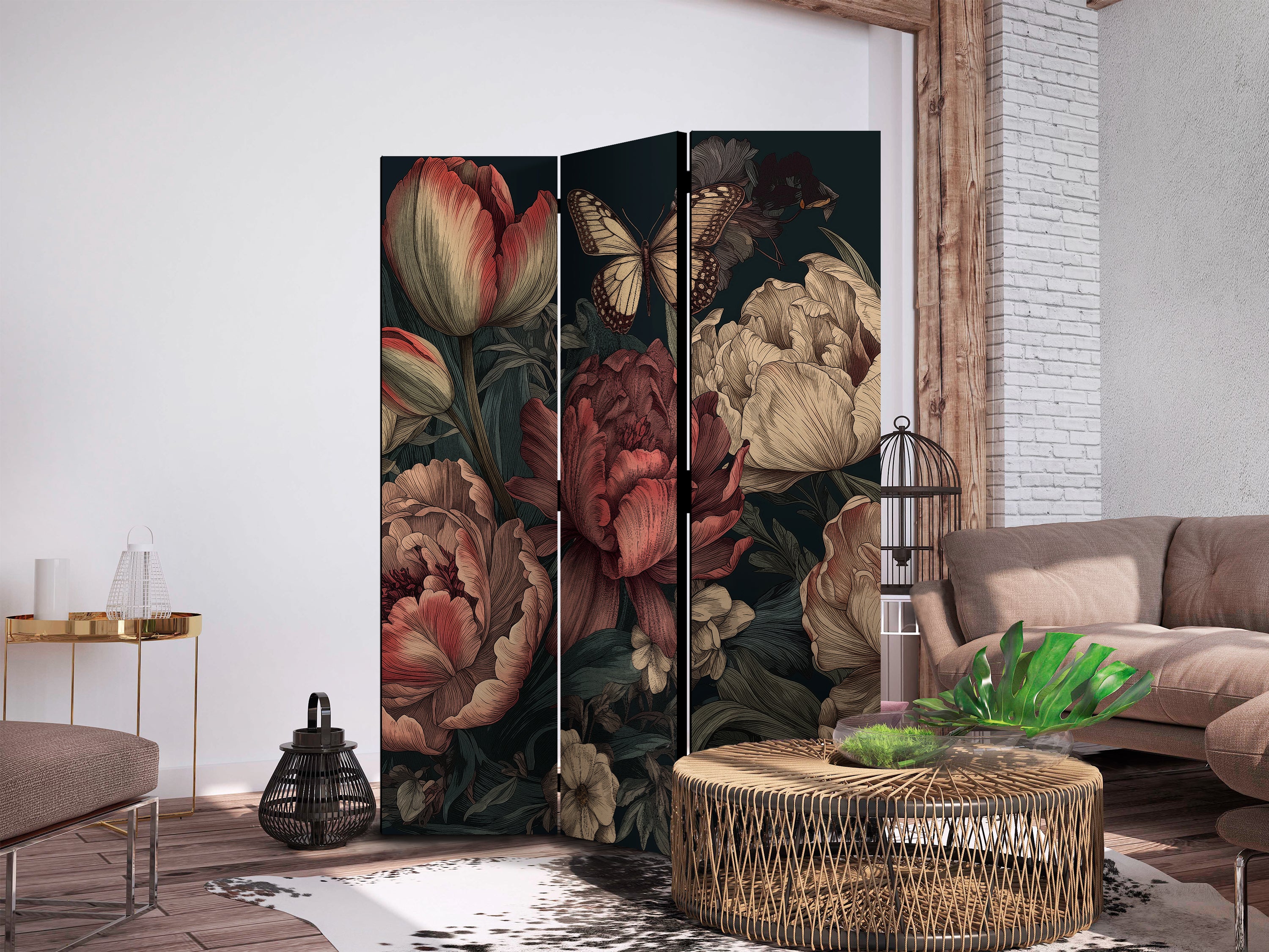Room Divider - Floral Illustration - Magnificent Flower Buds on Turquoise Background
