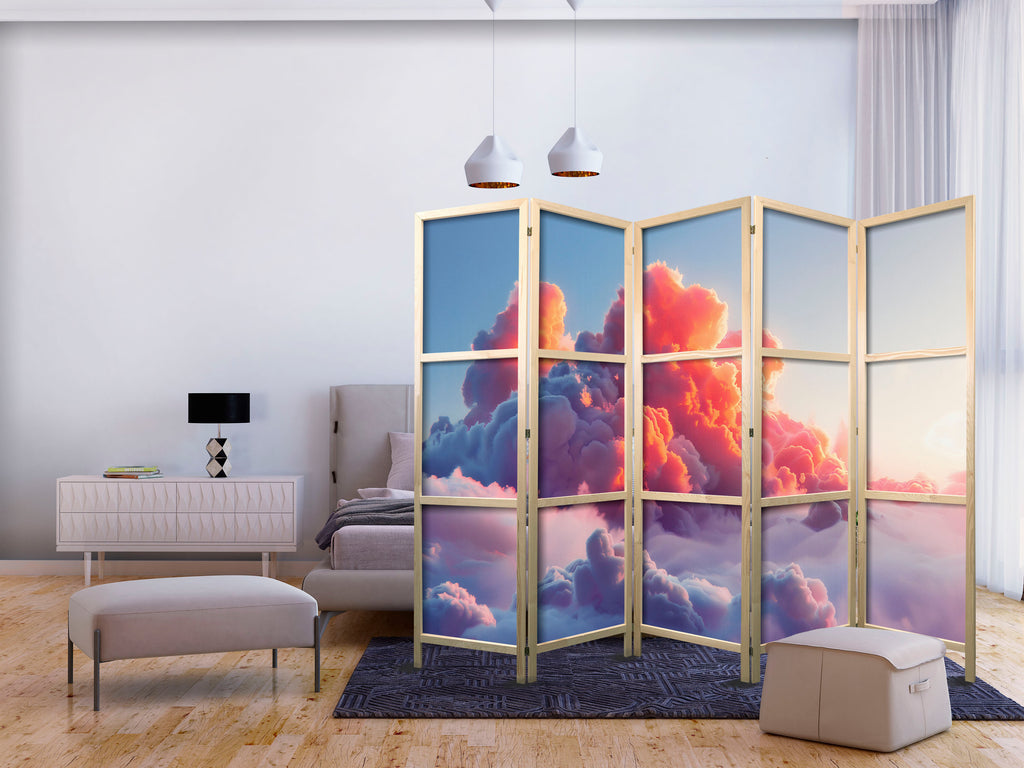 Japanese Room Divider with Pink and Violet Clouds