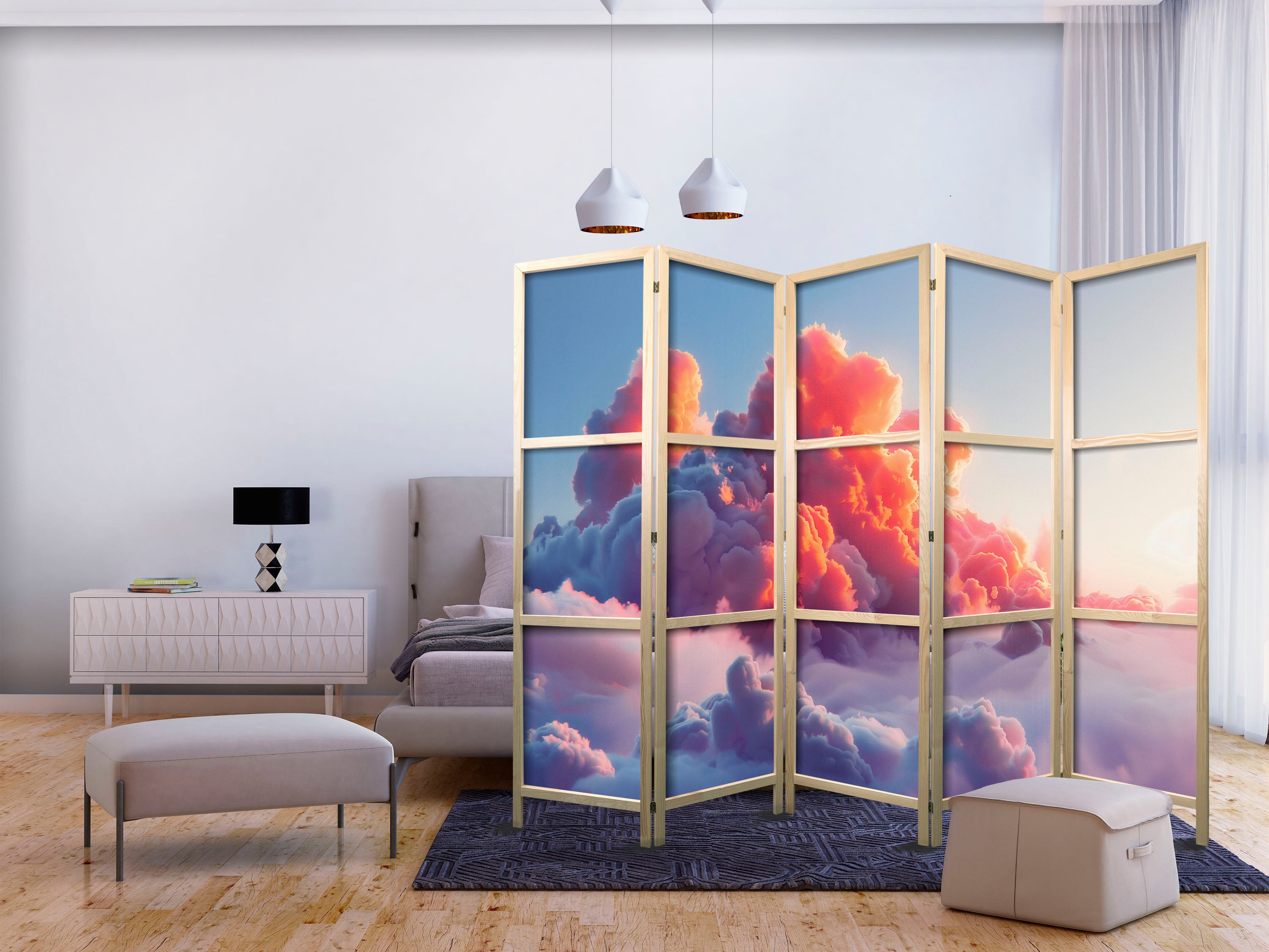 Japanese Room Divider with Pink and Violet Clouds
