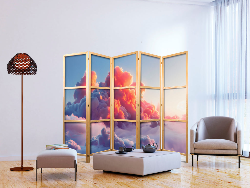 Japanese Room Divider with Pink and Violet Clouds