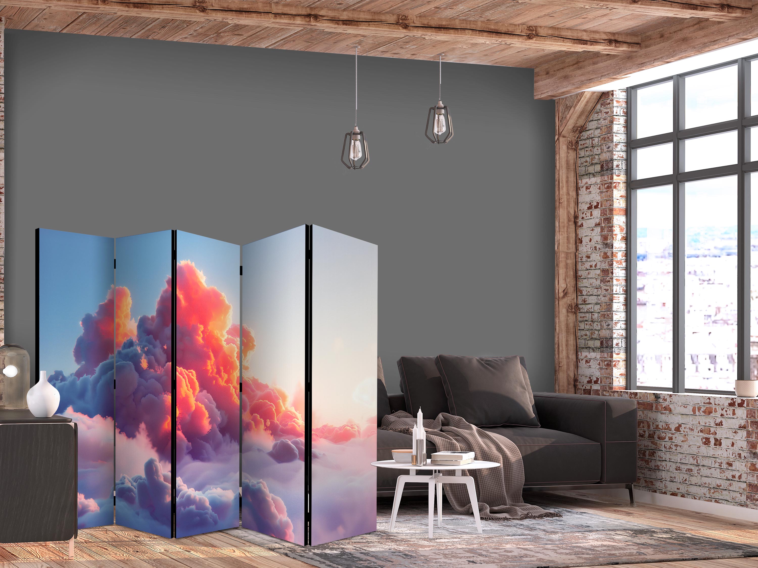 Room Divider Twilight Spectacle: Clouds in Shades of Pink and Purple