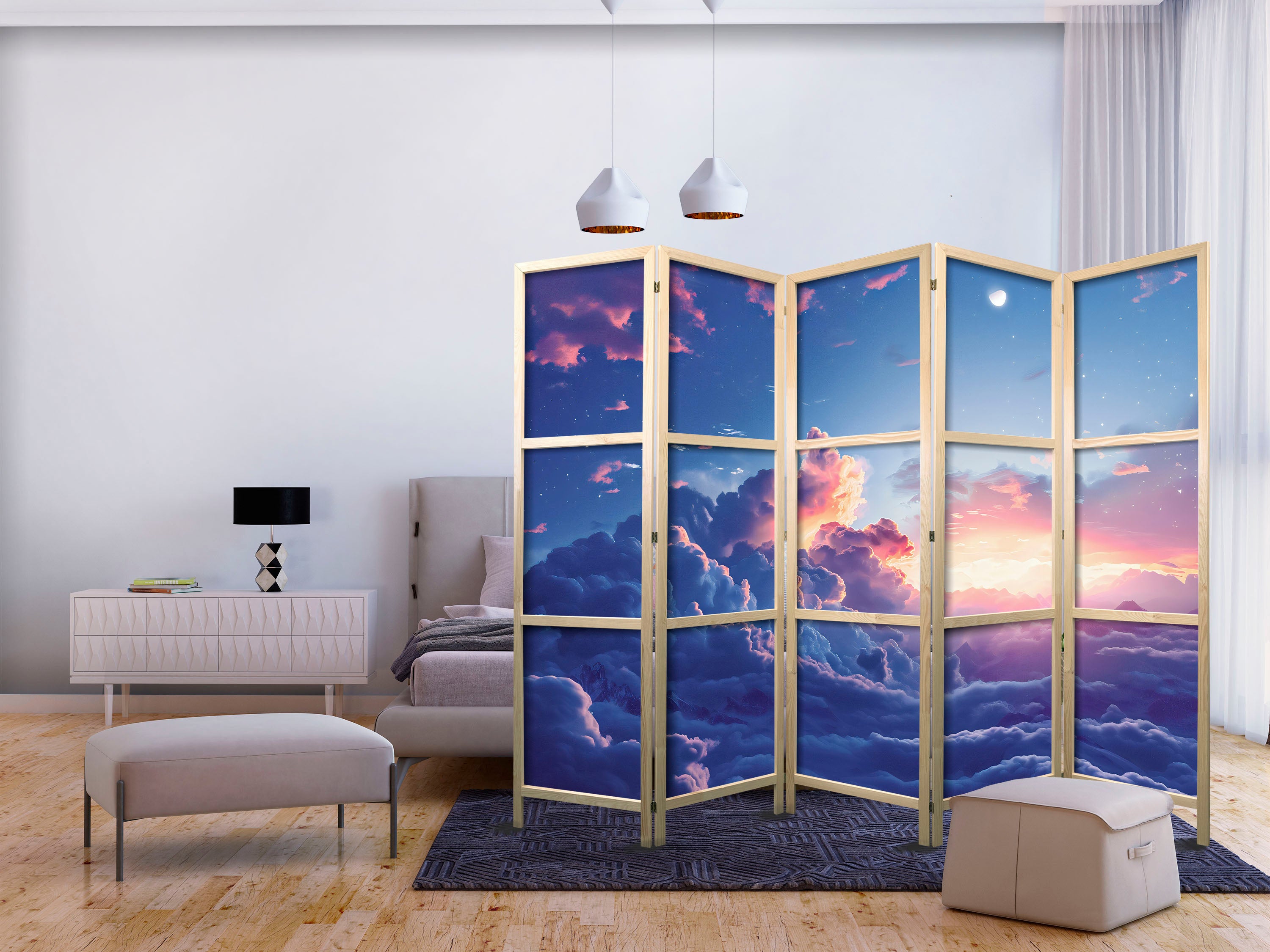 Japanese Room Divider 5-Panel with Clouds at Sunset