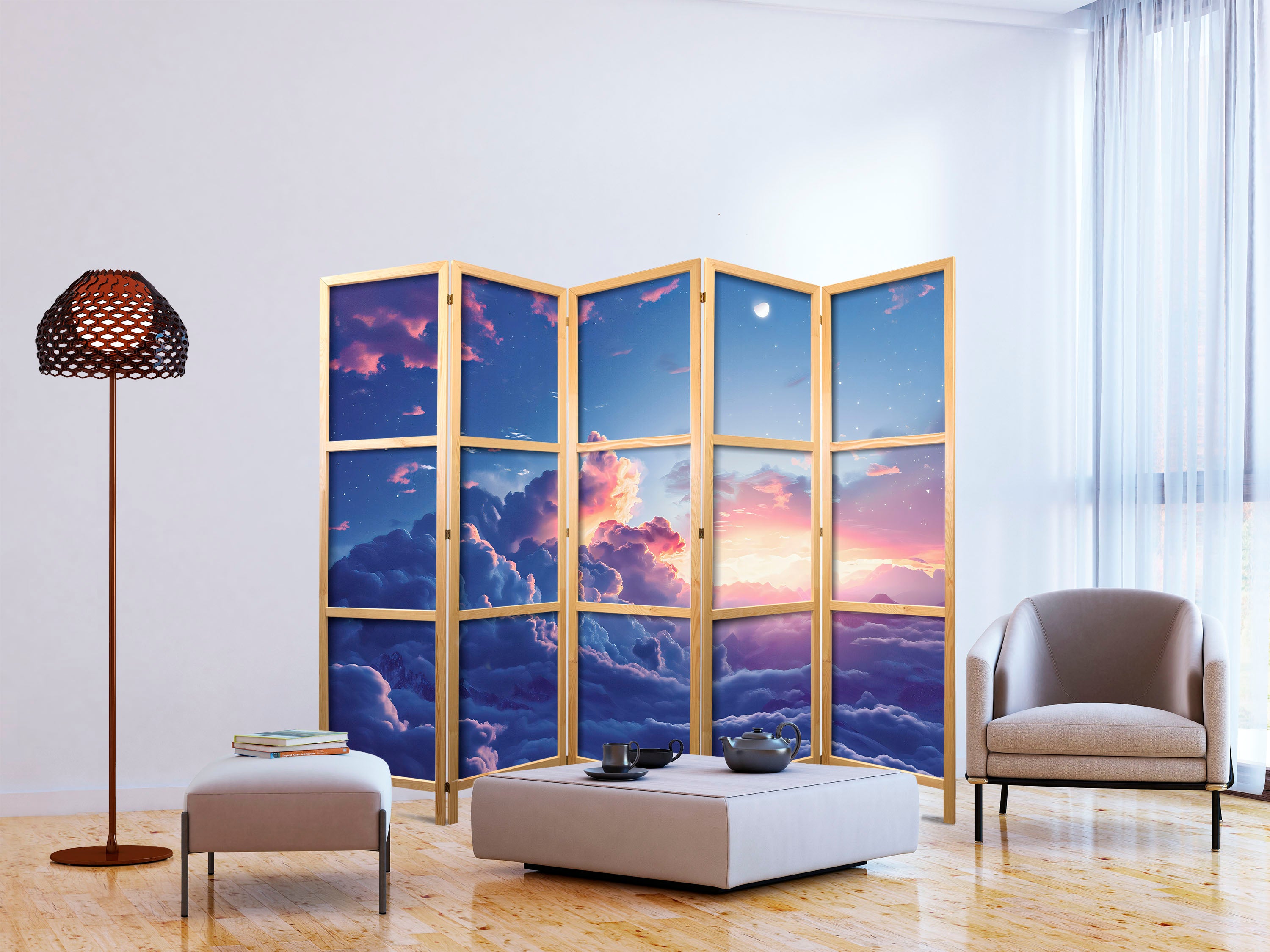 Japanese Room Divider 5-Panel with Clouds at Sunset