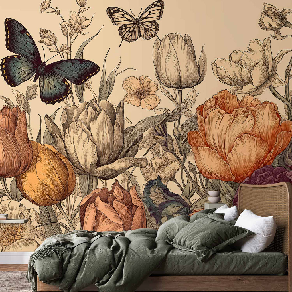 Colourful Tulips Cream Background Wall Mural