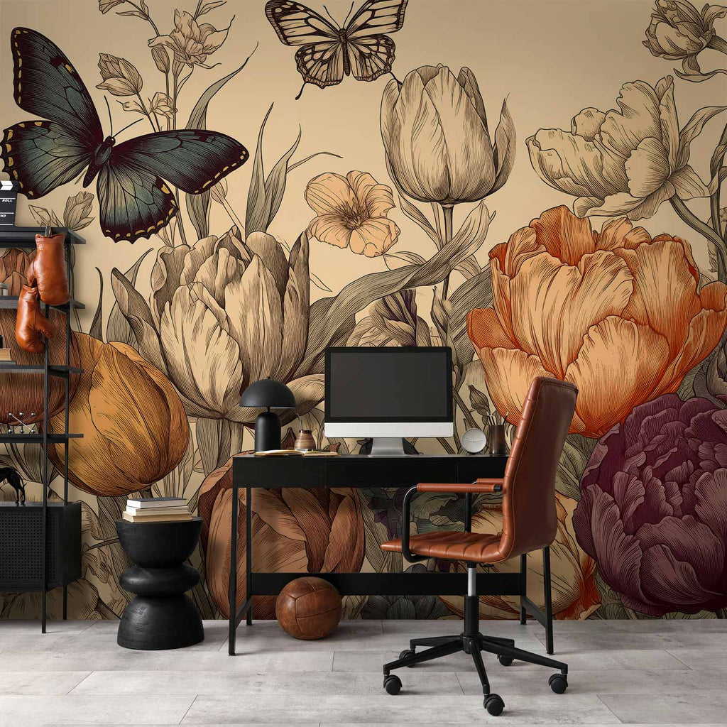 Colourful Tulips Cream Background Wall Mural