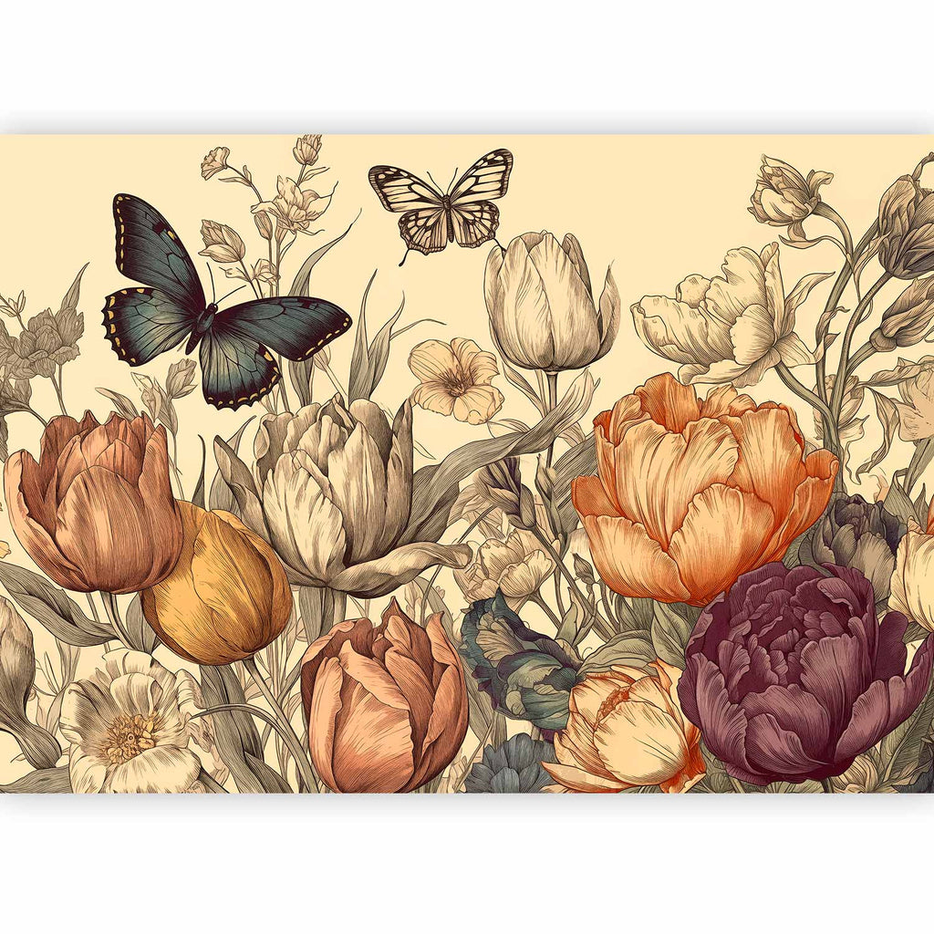 Colourful Tulips Cream Background Wall Mural