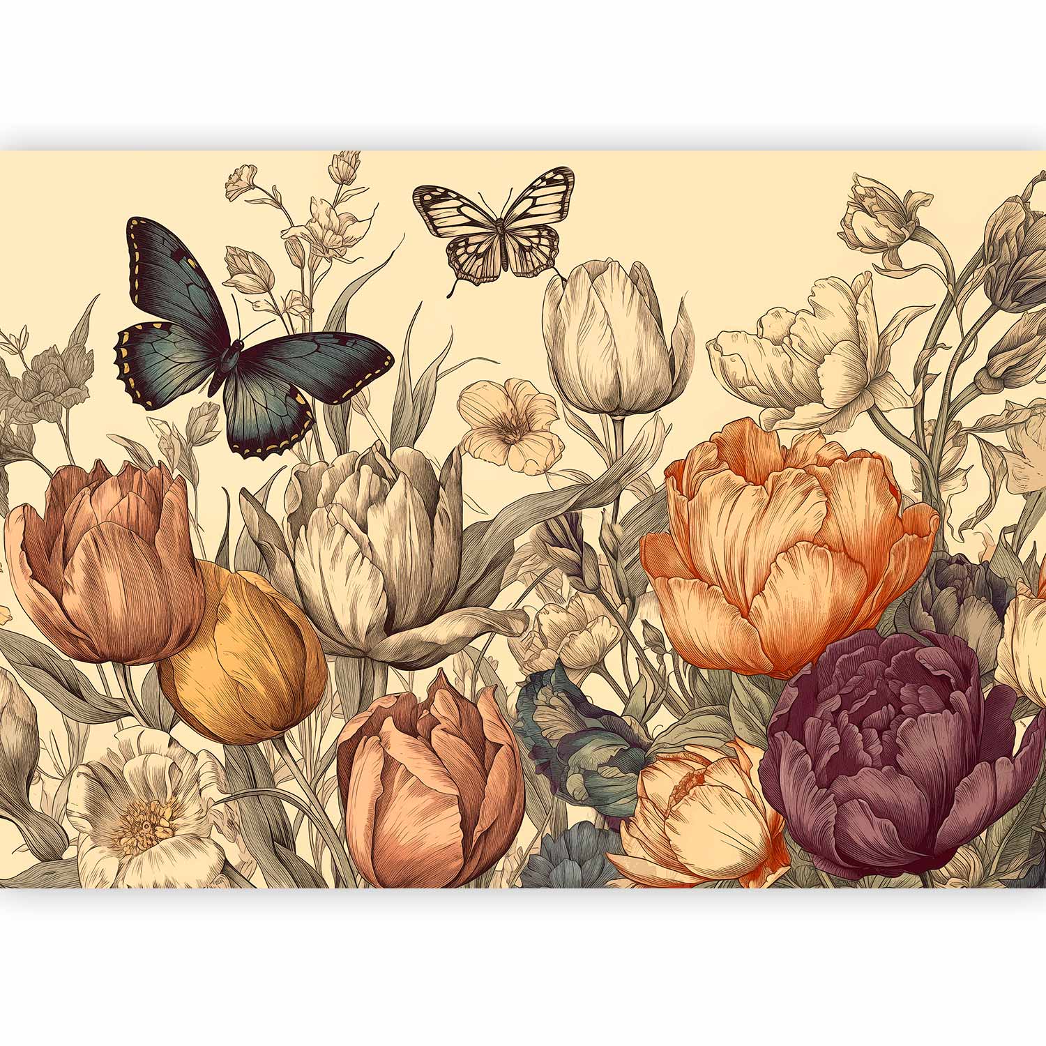Colourful Tulips Cream Background Wall Mural
